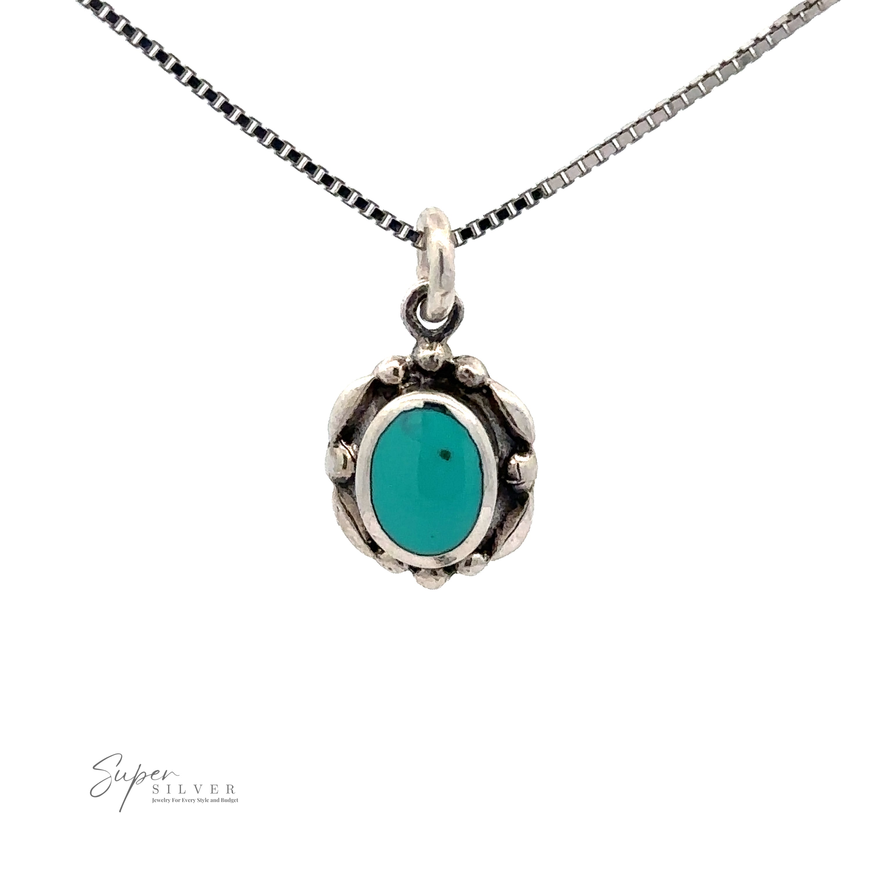 A Beautiful Oval Stone Pendant With Silver Border features a green oval pendant on a delicate silver chain, set against a pristine white background.