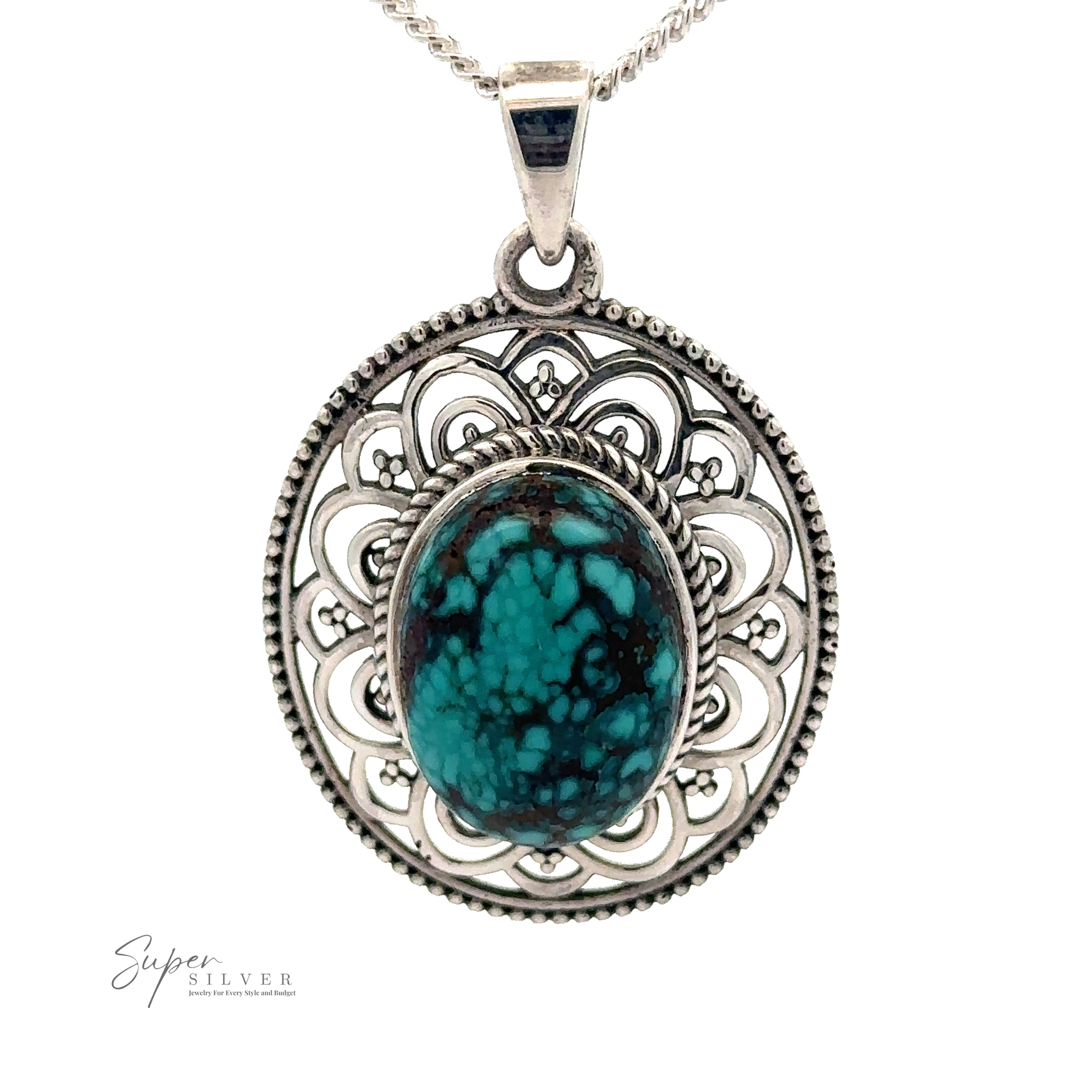 An Oval Stone Pendant with Filigree Border featuring an intricate filigree design encircles a large oval turquoise stone. The chain is visible at the top, and the logo "Super Silver" is present at the bottom left corner.