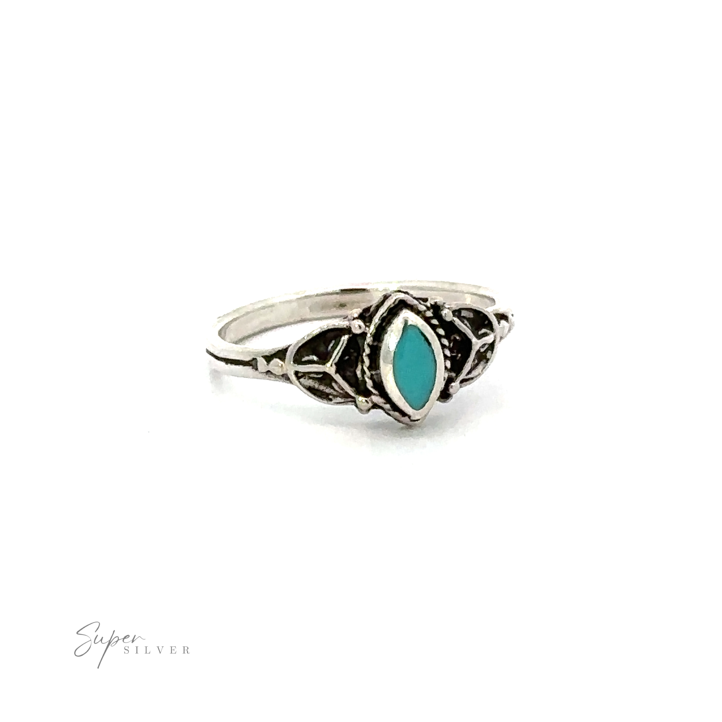 A fashionable sterling silver Tiny Marquise Inlay Stone Ring with a turquoise stone.