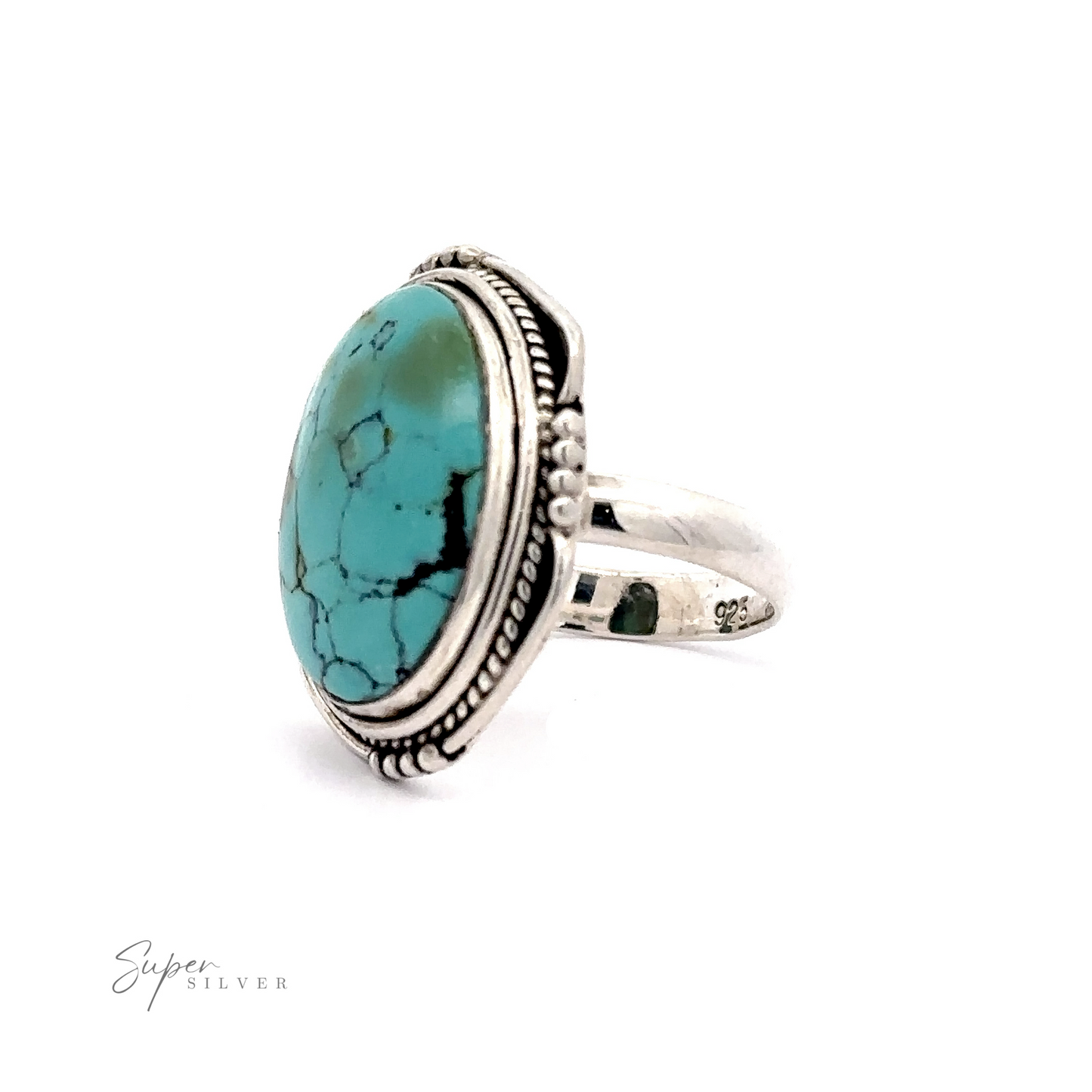 A Natural Turquoise Ring With Rope Design features a large oval-shaped natural turquoise stone with a decorative border. The band is stamped with "925." The name "Super Silver" is visible in the bottom left corner.