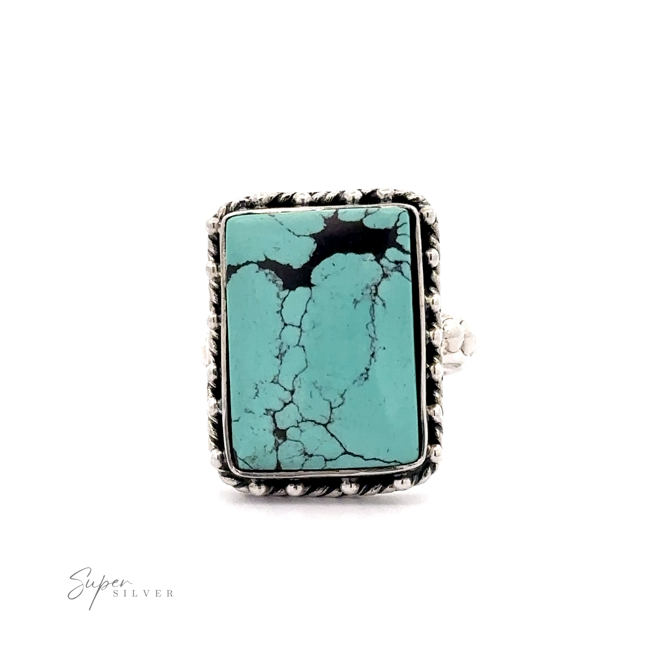 A Rectangular Shape Natural Turquoise Ring With Ball Border of natural turquoise with black veining is set in a sterling silver ring featuring a rope-like design around the gem. The background is white.