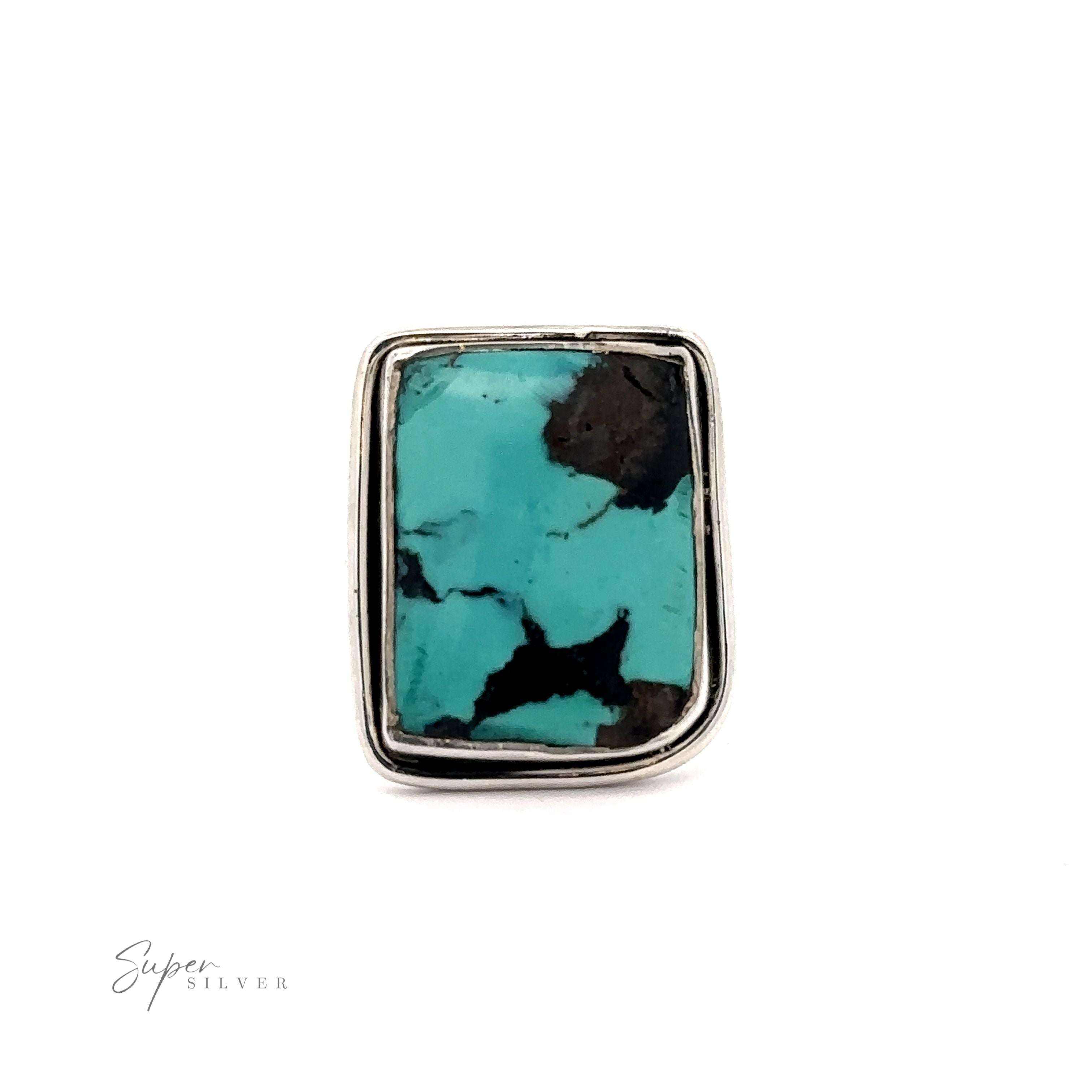A Rectangular Natural Turquoise Ring With Plain Border, with black and brown marbling, set in a sterling silver frame, is displayed against a white background. The "Super Silver" logo is visible at the bottom left.