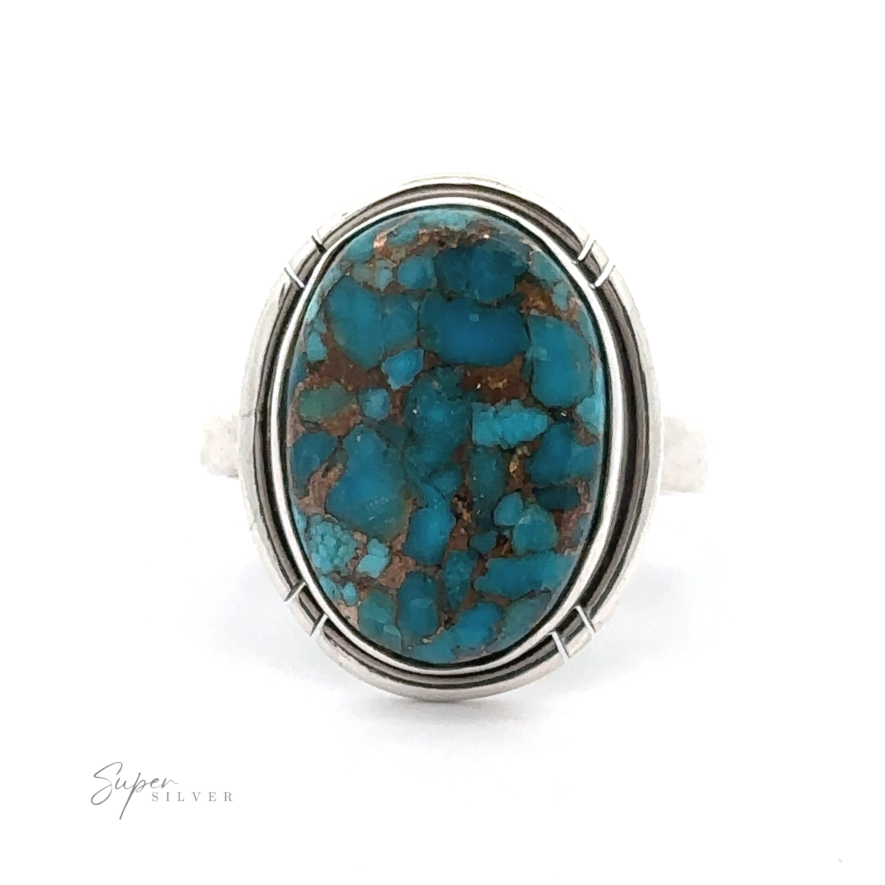 A Natural Blue Copper Turquoise Ring featuring an oval-shaped turquoise stone with a unique marbled pattern. The brand name "Super Silver" is visible on the bottom left corner of the image.