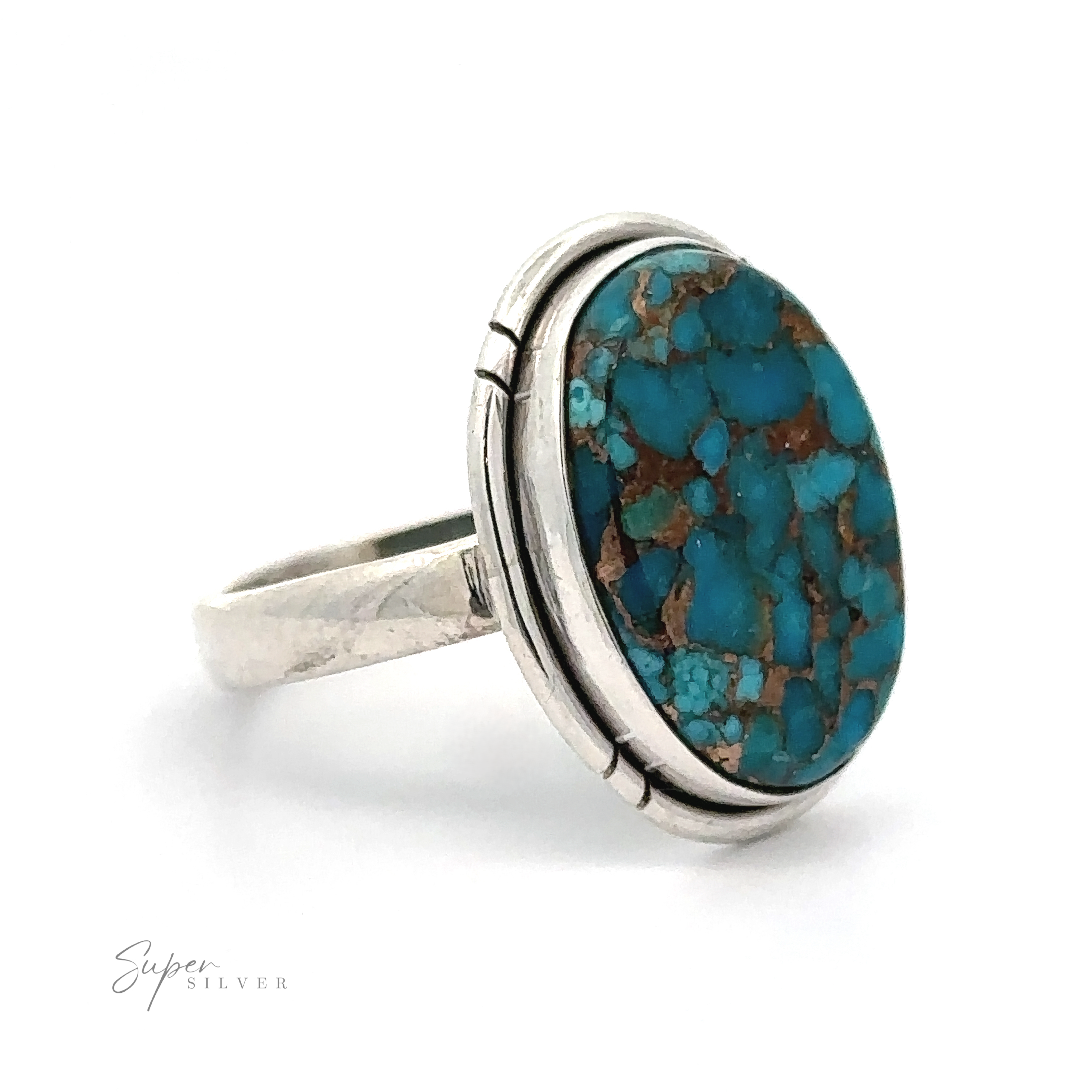 Silver ring with an oval blue-green stone featuring brown veining, labeled "Natural Blue Copper Turquoise Ring." The Natural Blue Copper Turquoise stone is set in a simple metal band.
