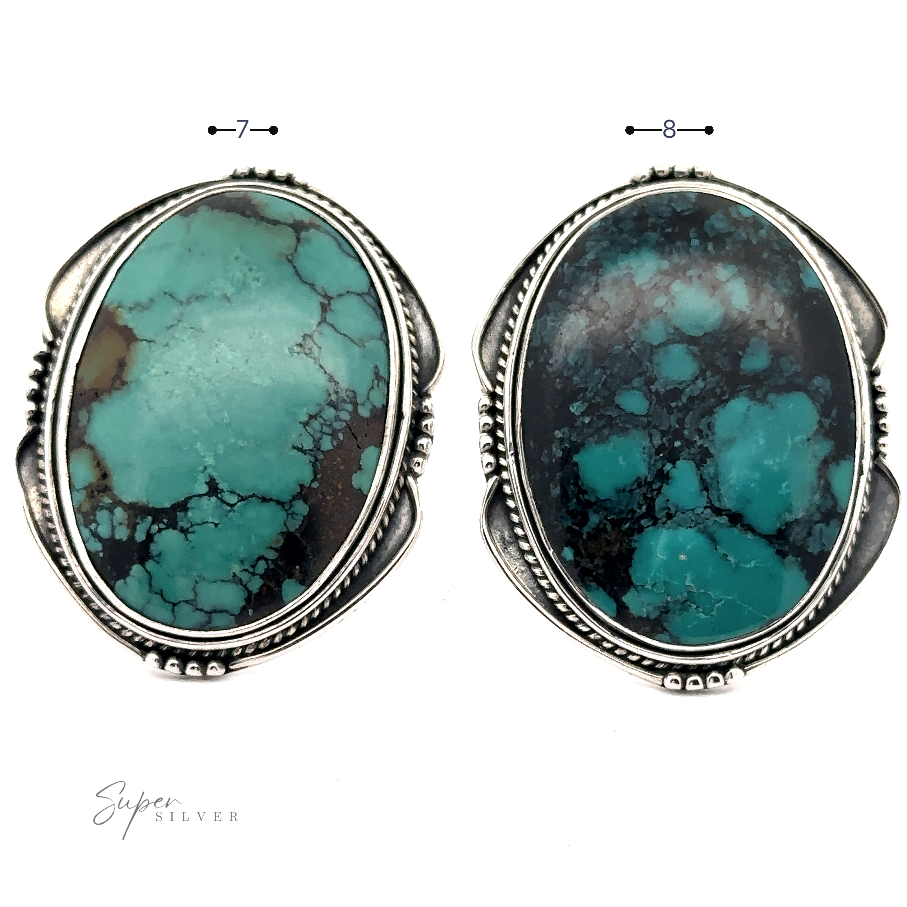 Two Oval Natural Turquoise Ring With Rope And Ball Border with intricate sterling silver settings. Stone one, labeled "7", has a lighter pattern; stone two, labeled "8", has a darker, more mottled pattern. Both pieces showcase an elegant design.