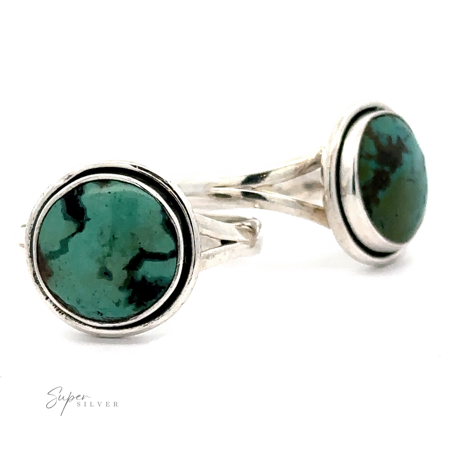 A pair of Round Natural Turquoise Rings With Plain Border showcasing unique black veins, placed against a white background. Text "Super Silver" is visible in the corner.