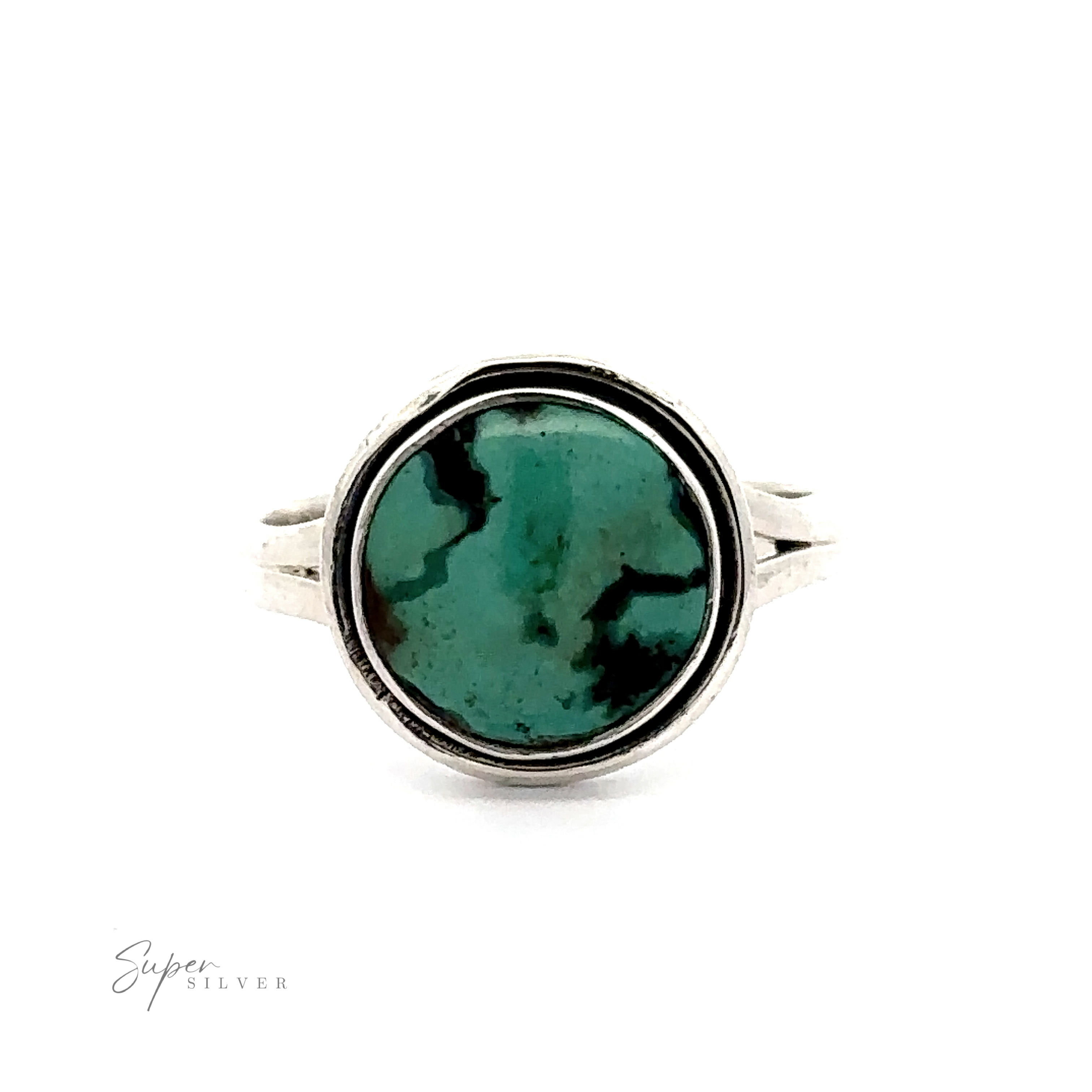 A Round Natural Turquoise Ring With Plain Border featuring a round, natural turquoise stone with dark green marbling. The ring showcases a unique pattern and double-band design.