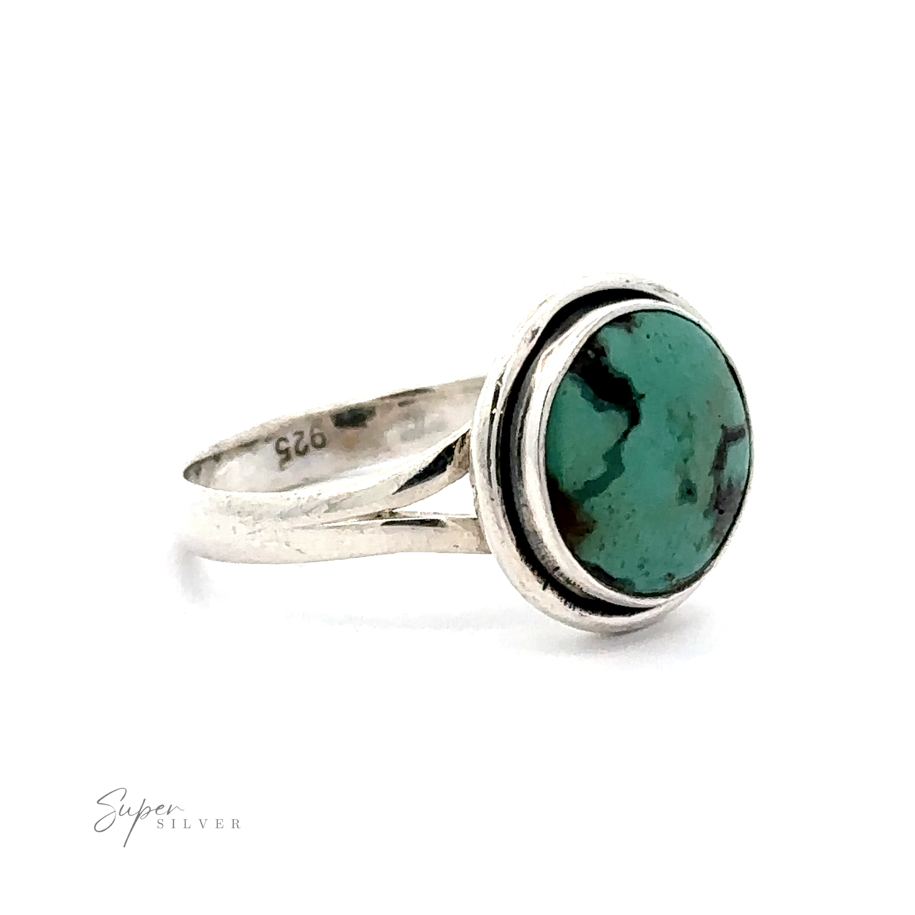 A Round Natural Turquoise Ring With Plain Border is shown against a white background. The inner band is engraved with "925" indicating sterling silver. The unique pattern of the setting enhances its charm. A logo text "Super Silver" is present.