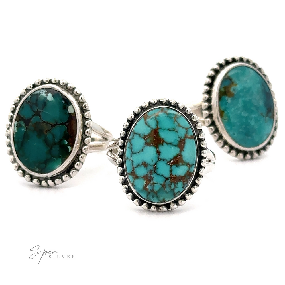 Three Oval Natural Turquoise Rings With Ball Border featuring natural turquoise stones with an oval shape and distinctive matrix pattern, displayed upright with the brand name "Super Silver" in the bottom left corner.
