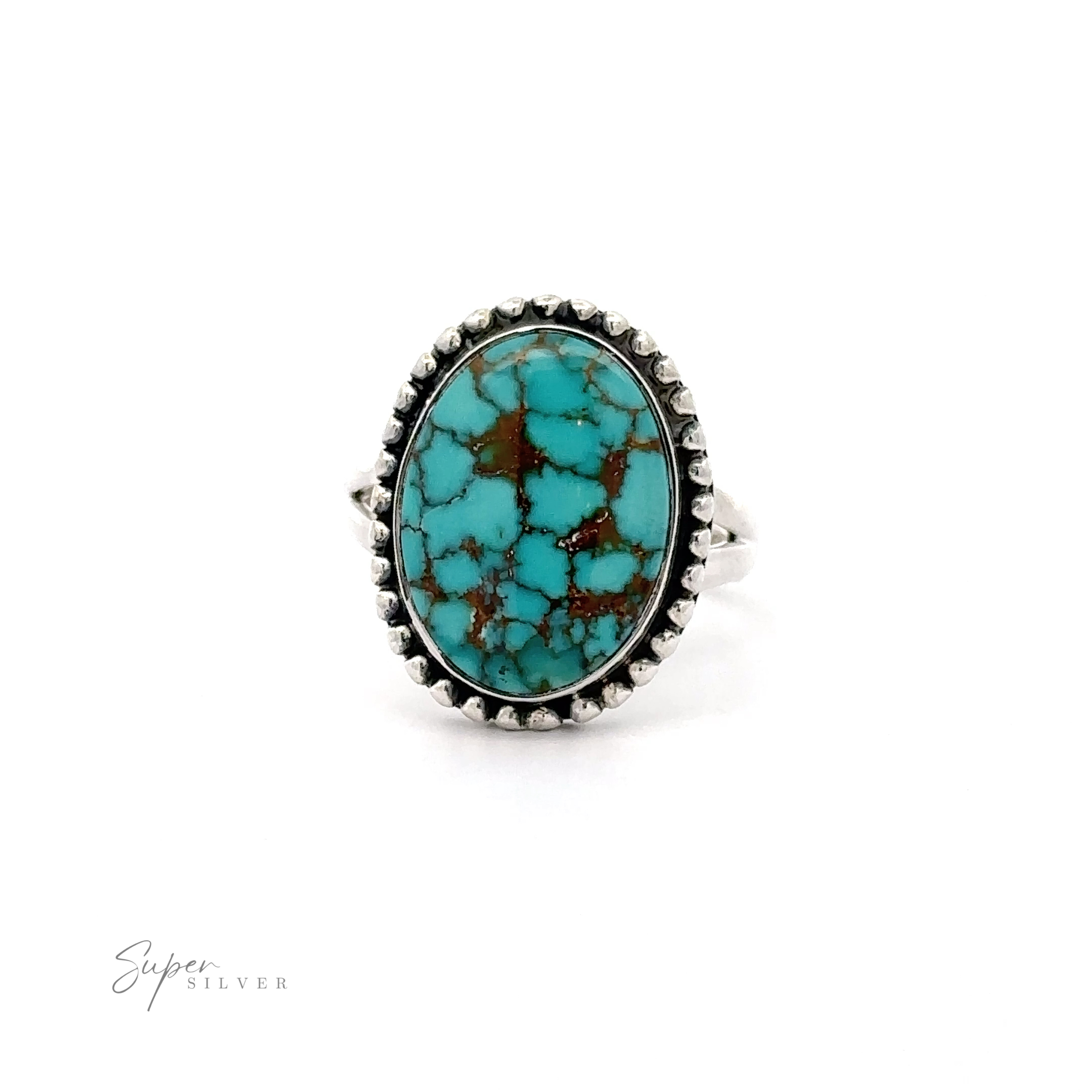 An Oval Natural Turquoise Ring With Ball Border with brown veining is set in a sterling silver ring with a beaded edge. The logo "Super Silver" is in the bottom left corner.