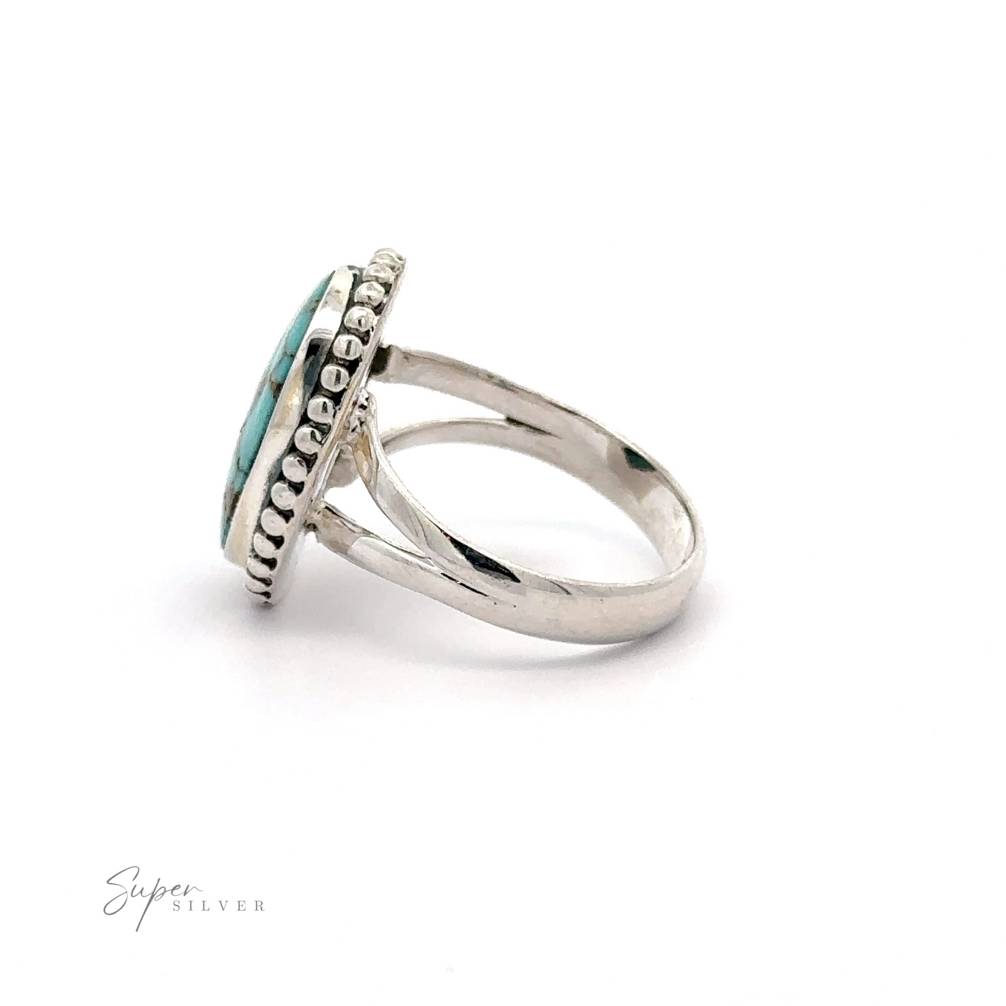 A sterling silver ring features an oval-shaped natural turquoise stone set in a beaded bezel design, labeled "Oval Natural Turquoise Ring With Ball Border" on the bottom left.