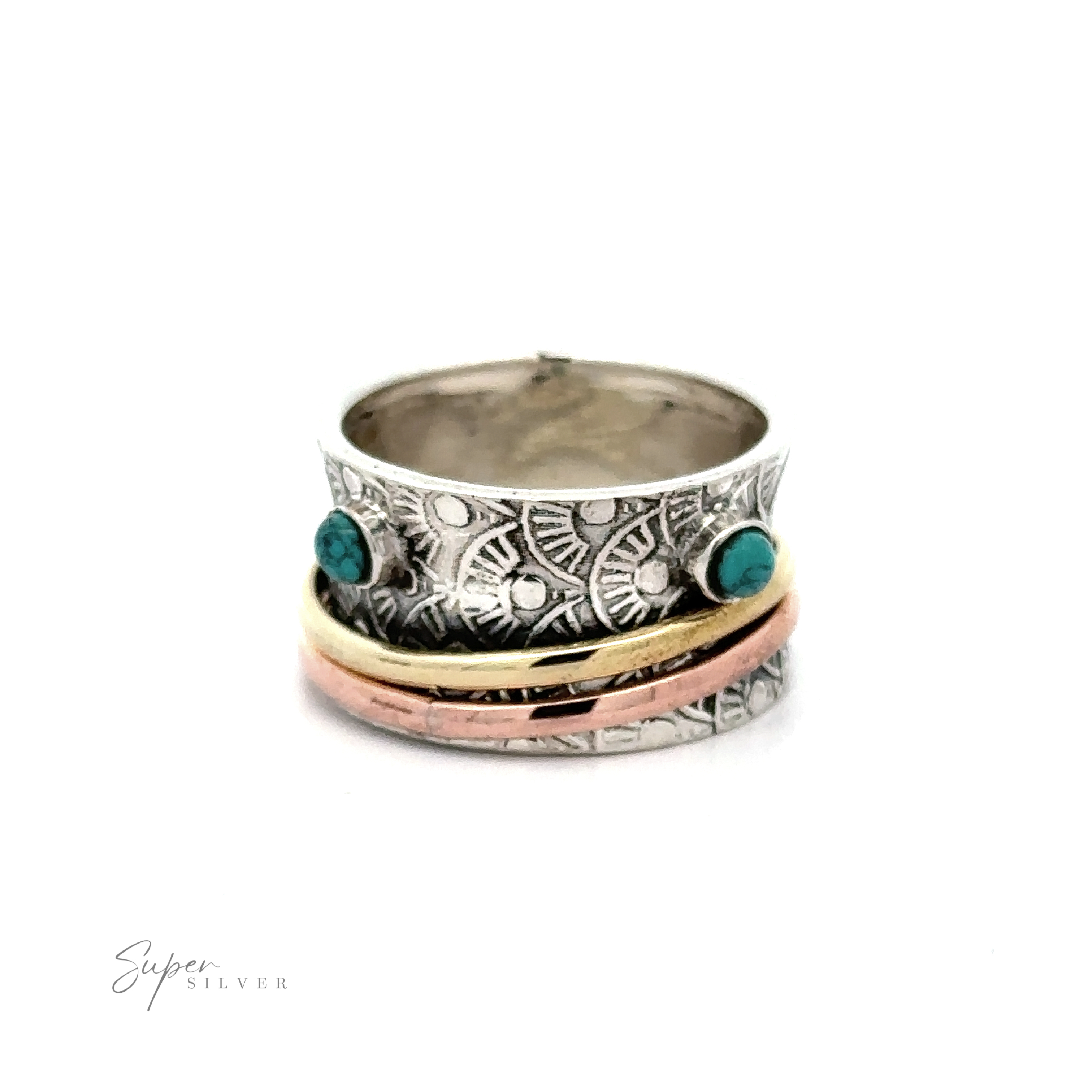 A Handmade Tricolor Spinner Ring with Moonstone Accents with a turquoise stone.
