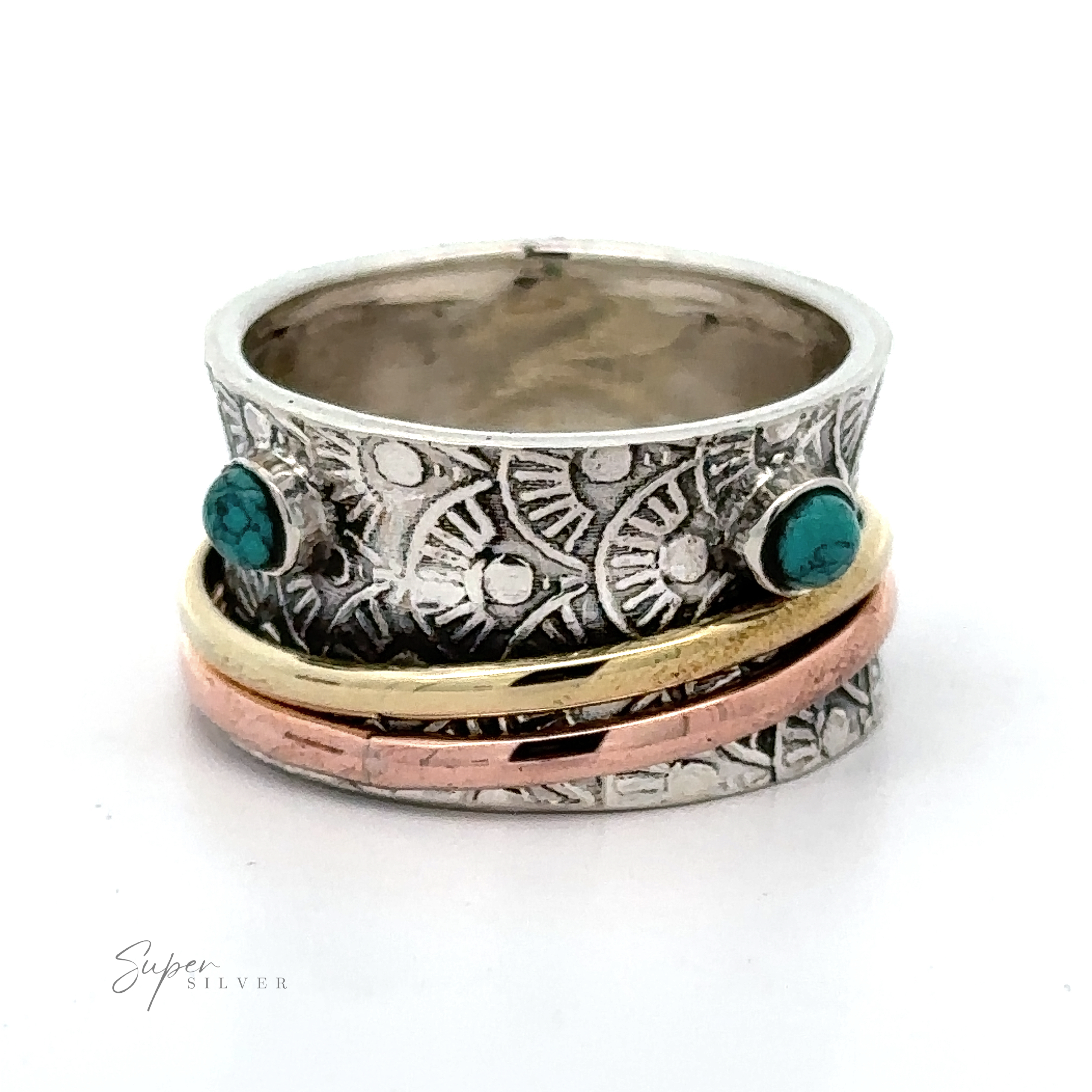 A Handmade Tricolor Spinner Ring with Moonstone Accents with turquoise and moonstone stones.