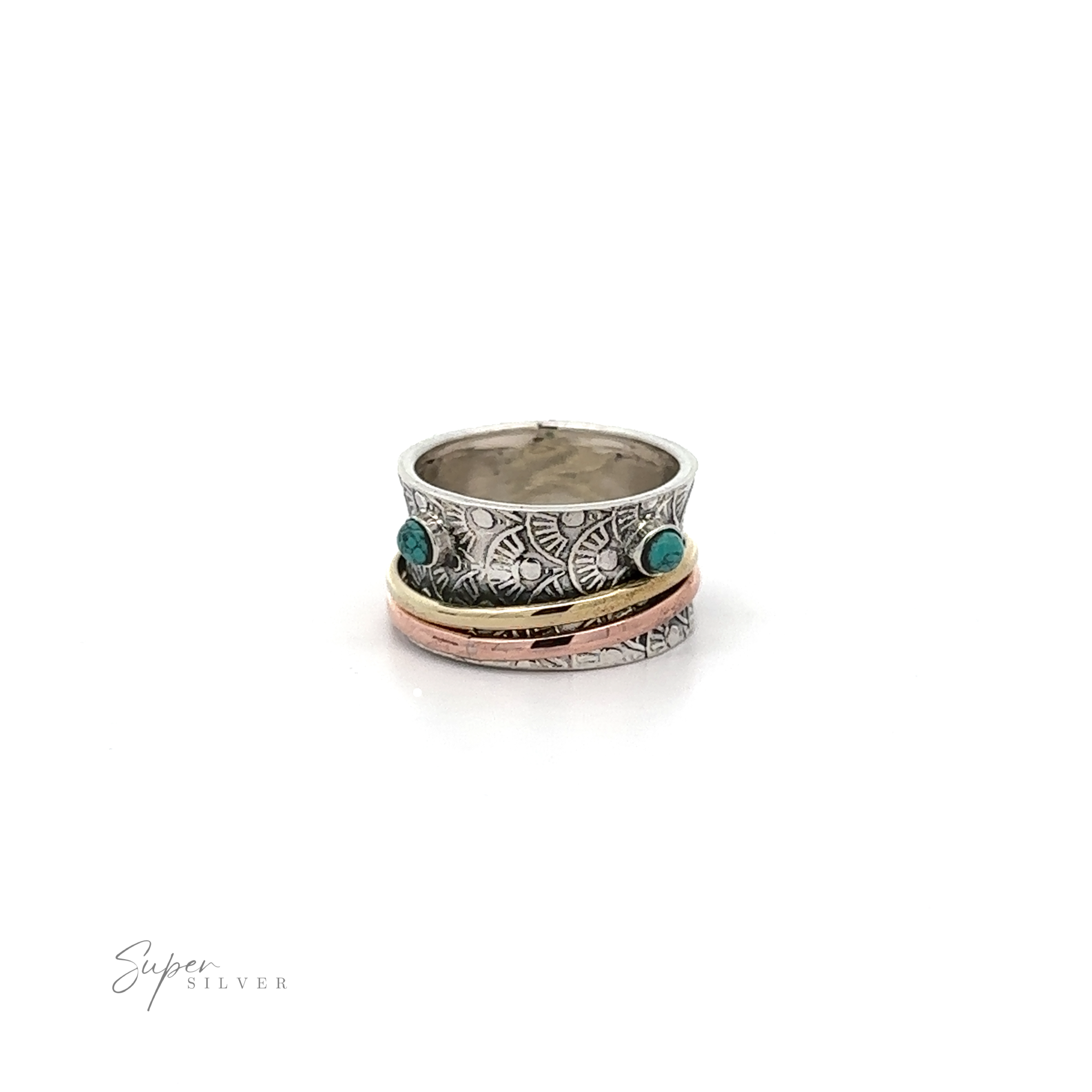 A Handmade Tricolor Spinner Ring with Moonstone Accents with turquoise stones.