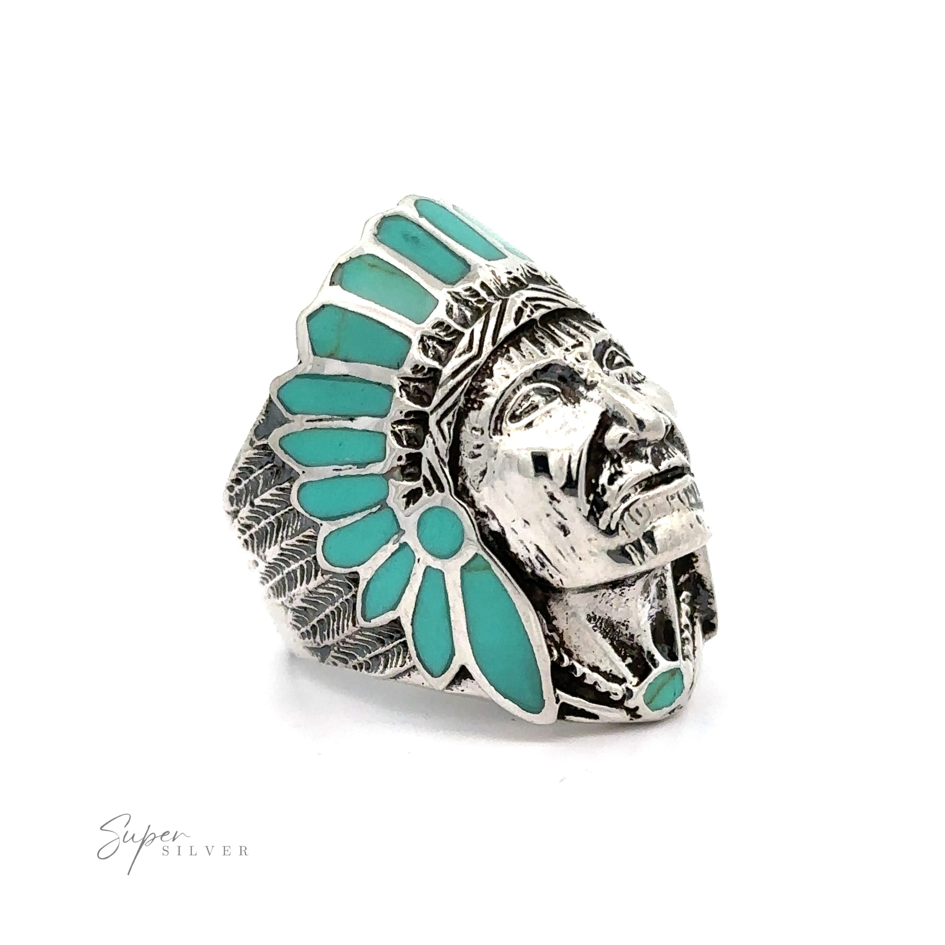A Stately Chief Head Ring With Inlay Stones with a traditional design featuring an Indian chief head.