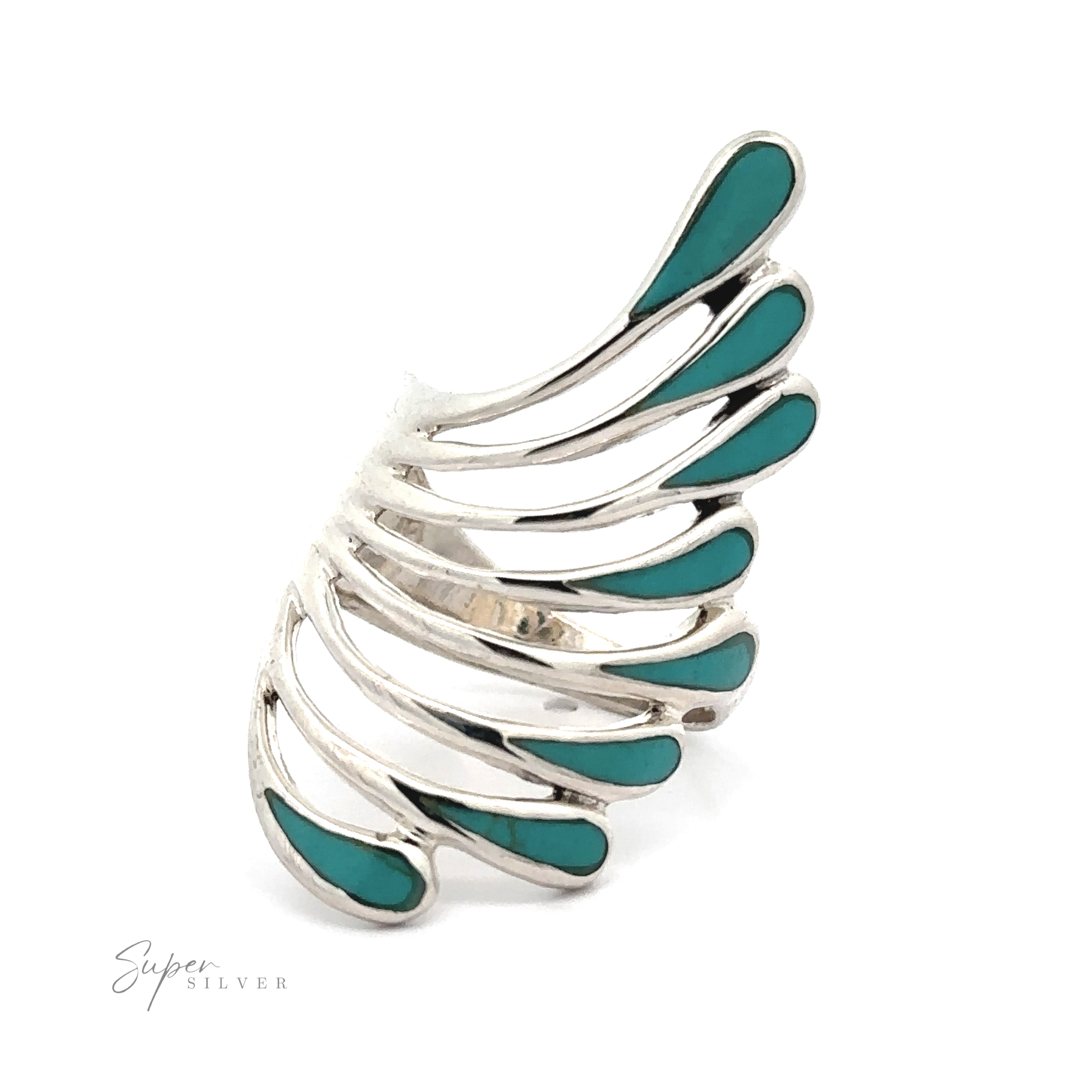 A captivating Beautiful Inlay Stone Wing Fan Ring with shimmering turquoise wings.