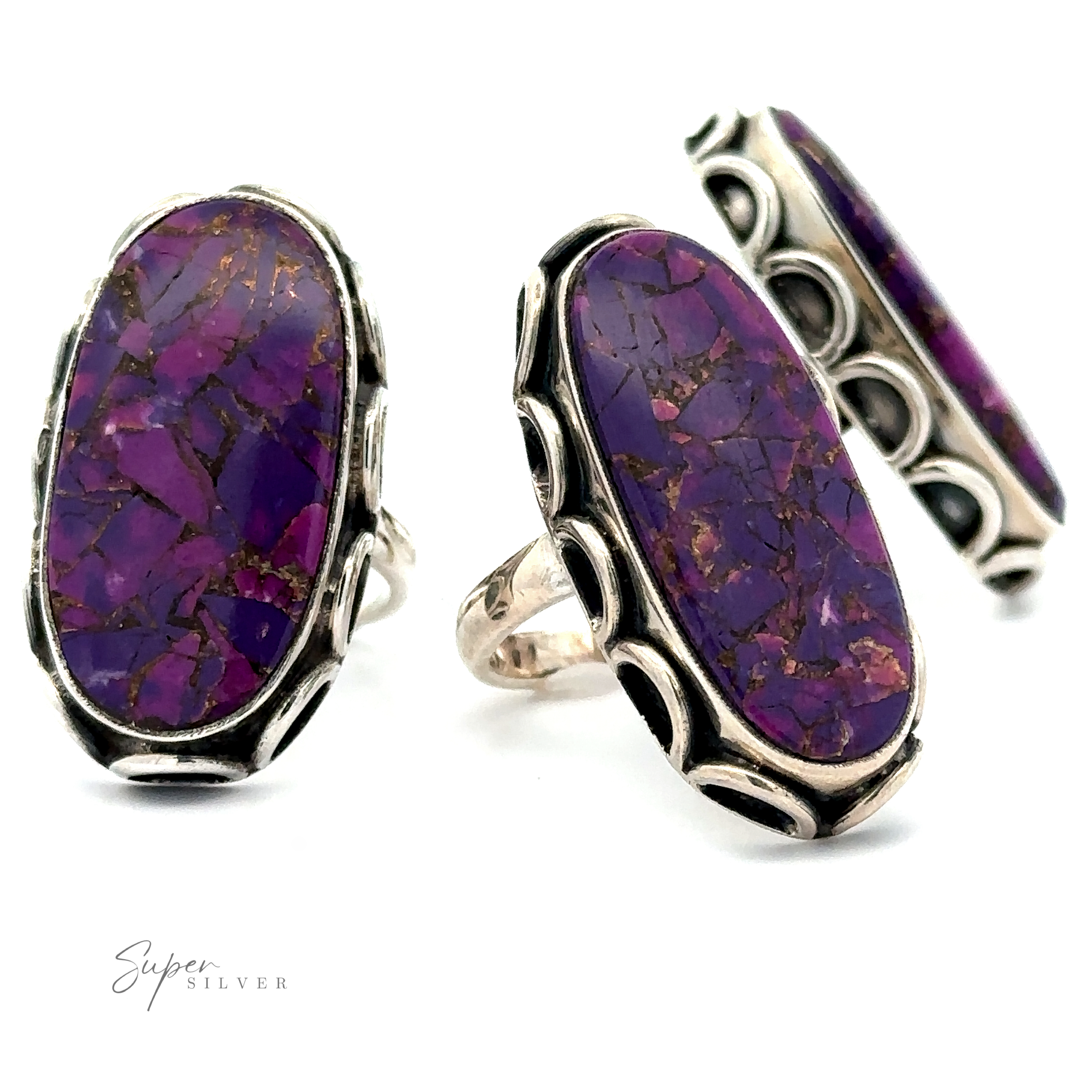 Three Statement Purple Turquoise Rings are displayed against a white background.