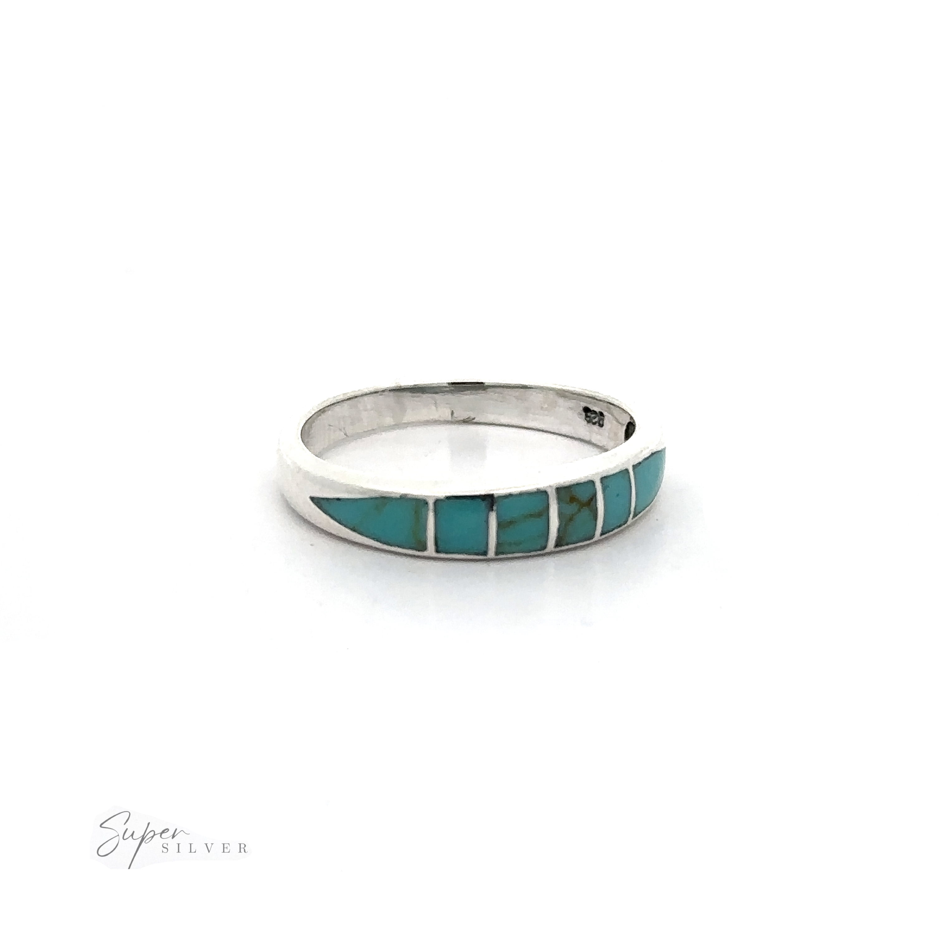 A sterling silver Inlay Stone Band with inlaid turquoise stones.