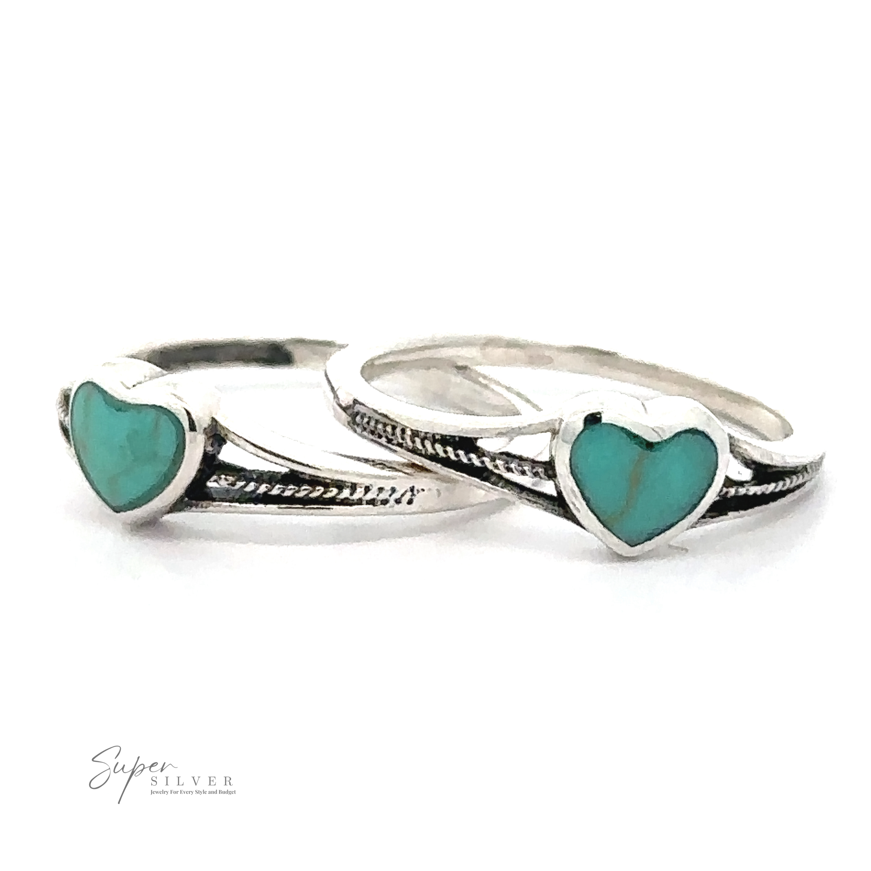 Two adorable Small Inlaid Turquoise Heart Rings with sterling silver bands, displayed side by side. The "Super Silver" logo is visible in the bottom left corner.