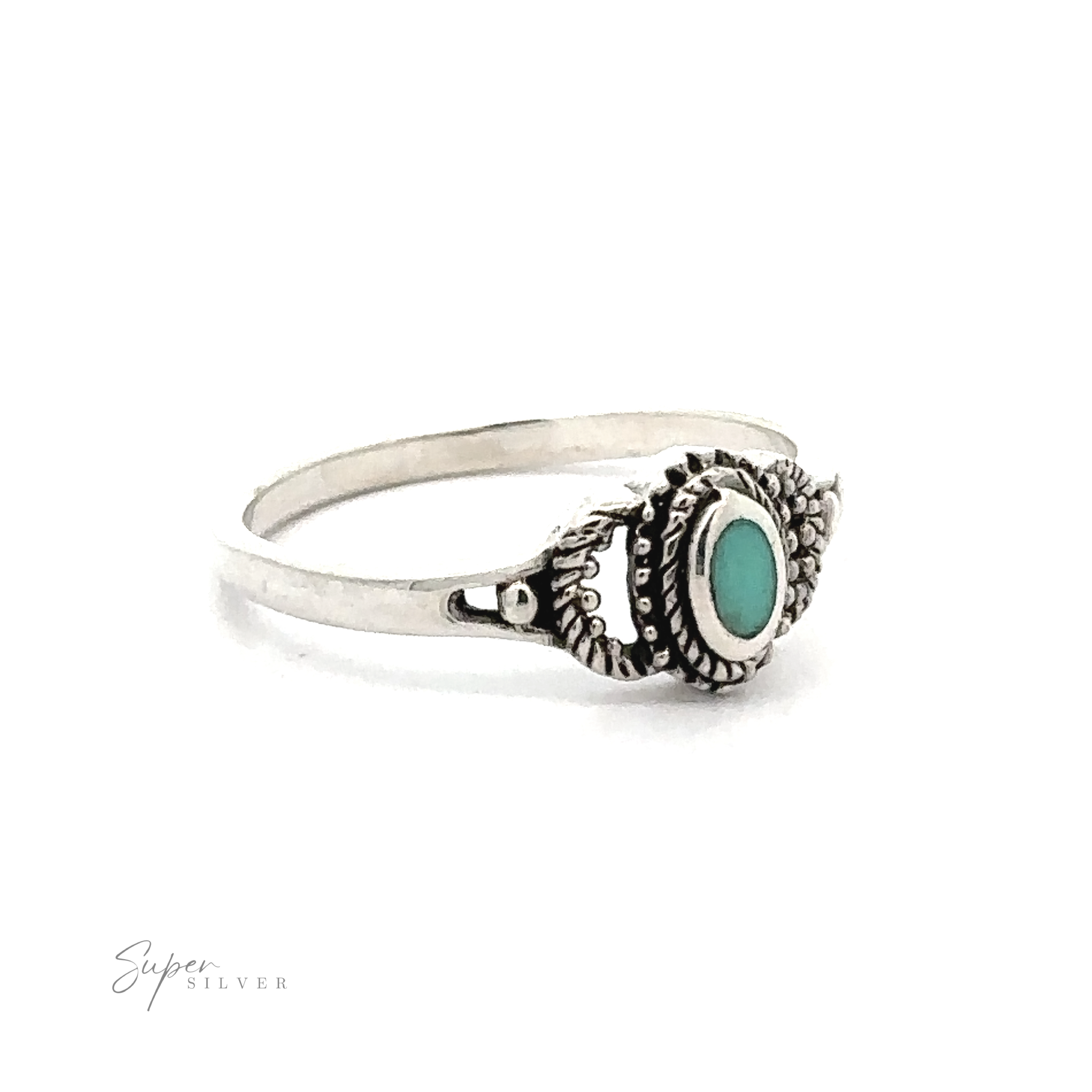 A silver Inlaid Oval Stone Ring with Rope Texture.