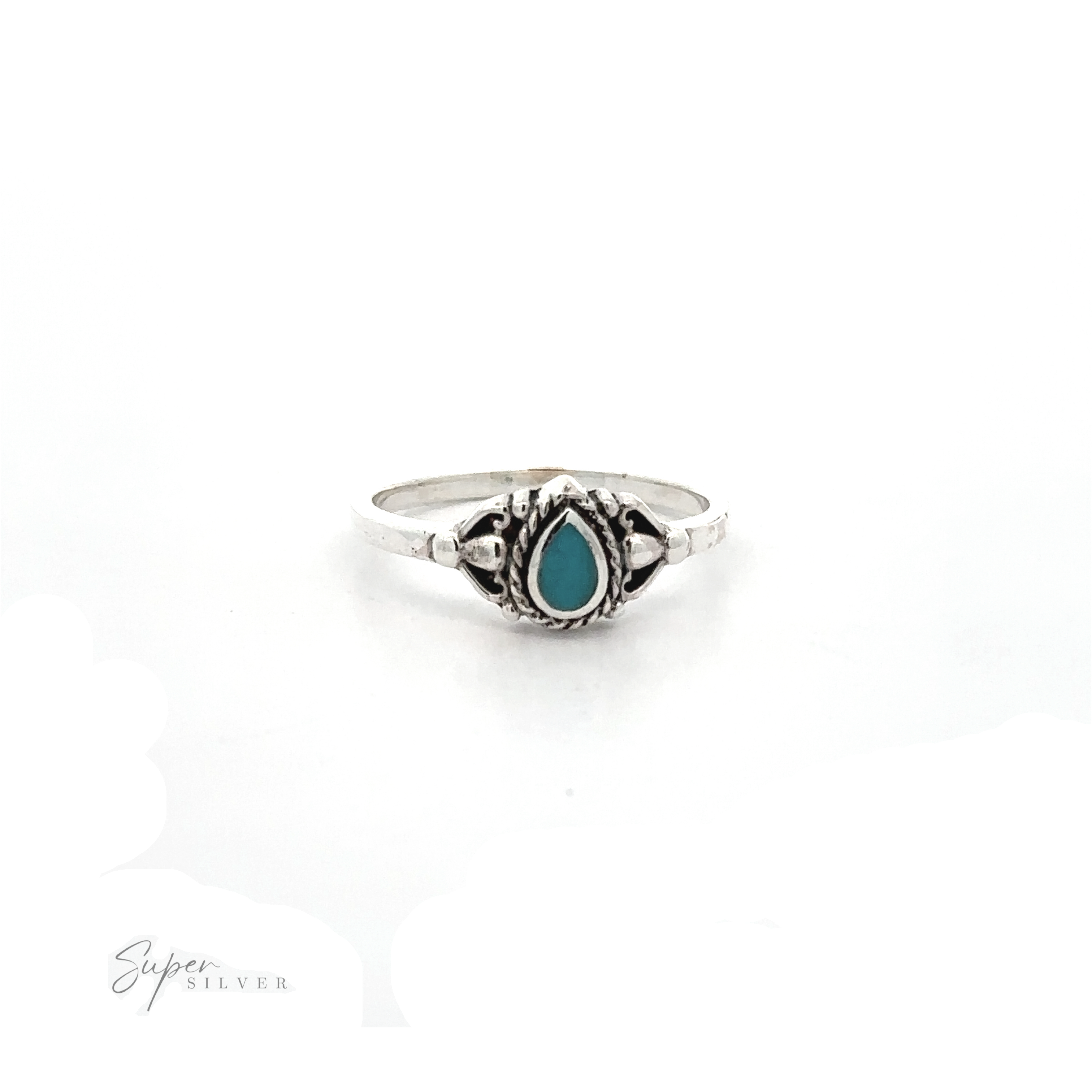 A Delicate Teardrop Inlay Stone Ring with Vintage Look ring with an inlaid turquoise stone.