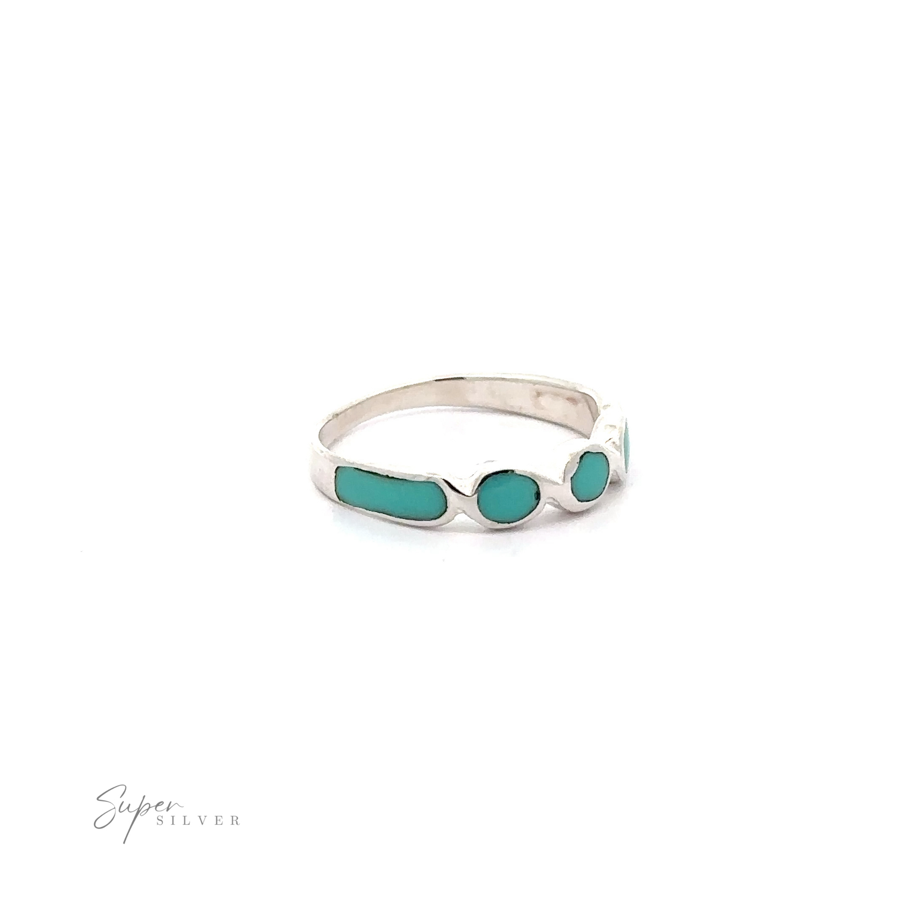 A Sterling Silver Inlaid Turquoise Oval Crossover Patterned Ring.