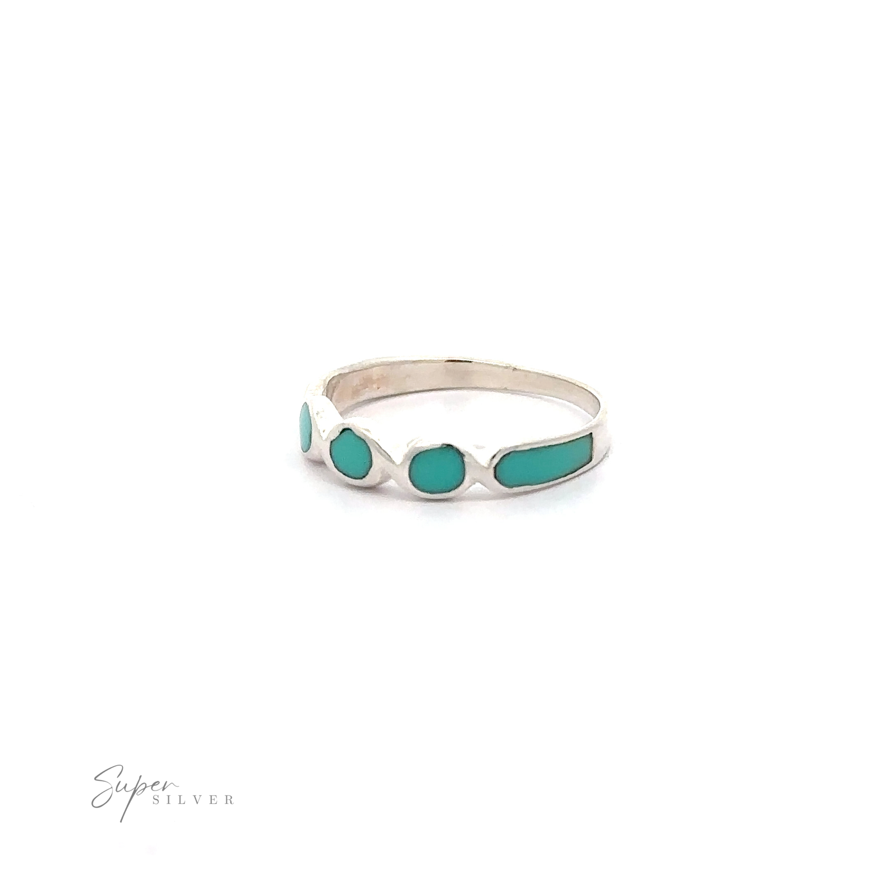 A sterling silver Inlaid Turquoise Oval Crossover Patterned Ring adorned with three turquoise stones in a crossover pattern.