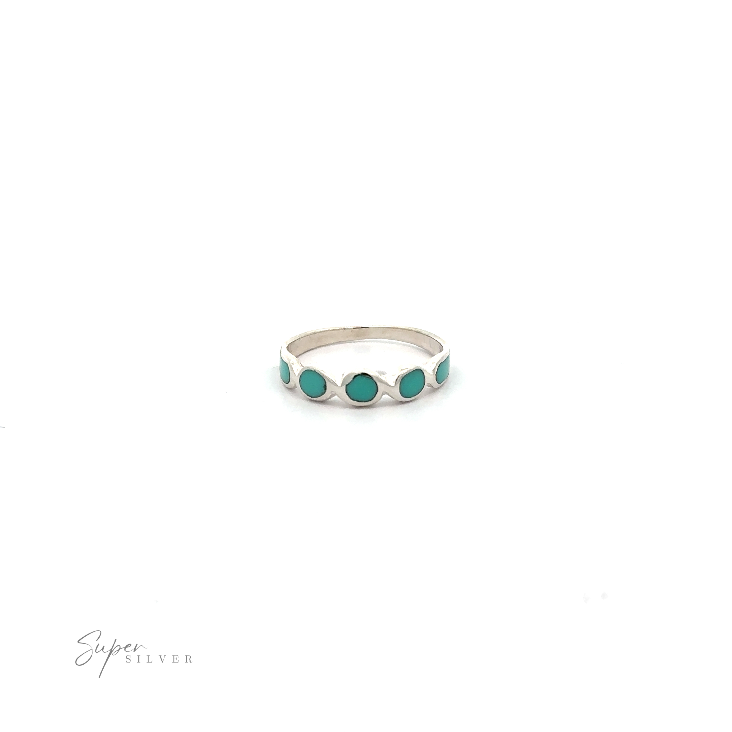 A sterling silver Inlaid Turquoise Oval Crossover Patterned Ring with a white background.
