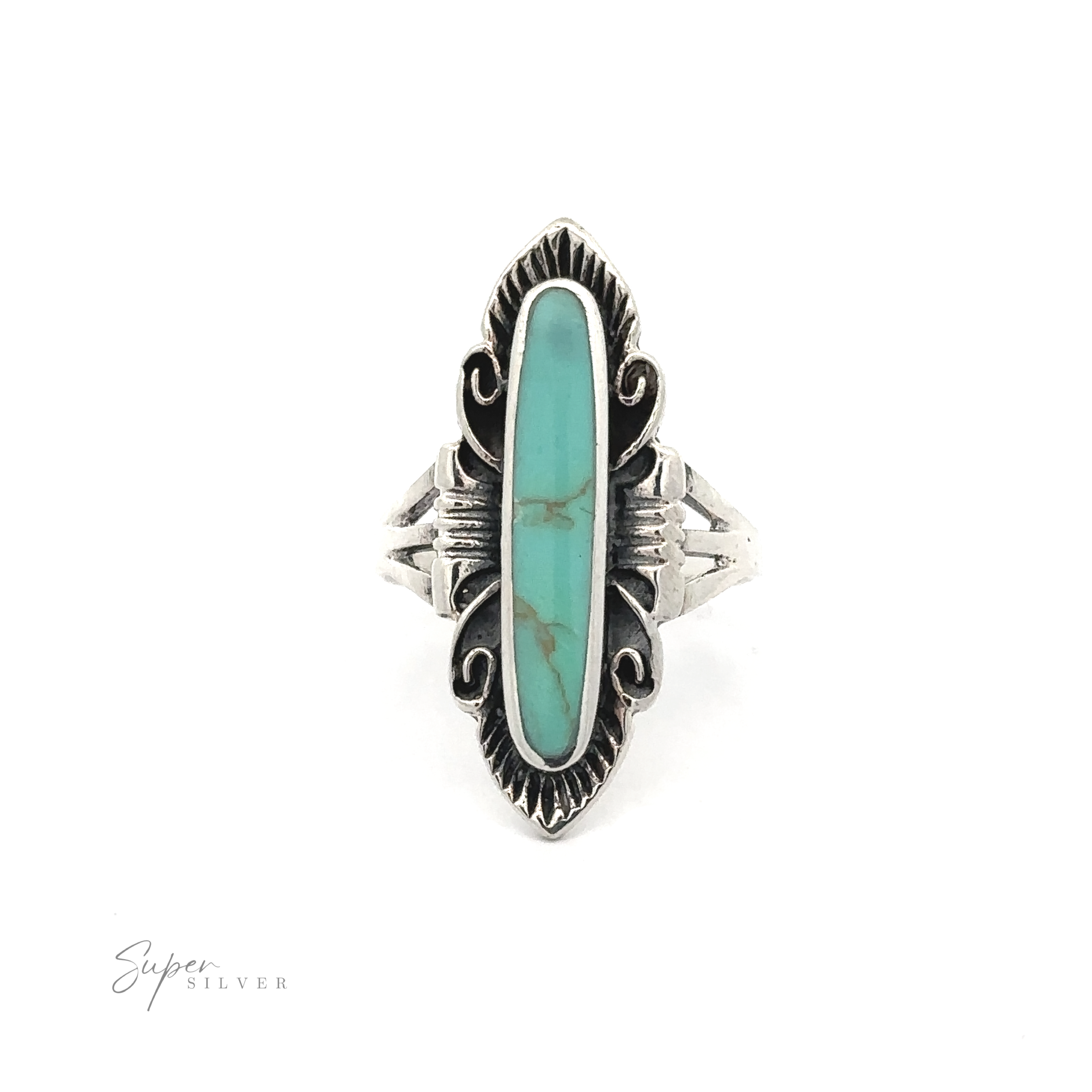 An Elegant Southwest Inspired Ring with Inlaid Stone, featuring a turquoise stone and made of sterling silver.