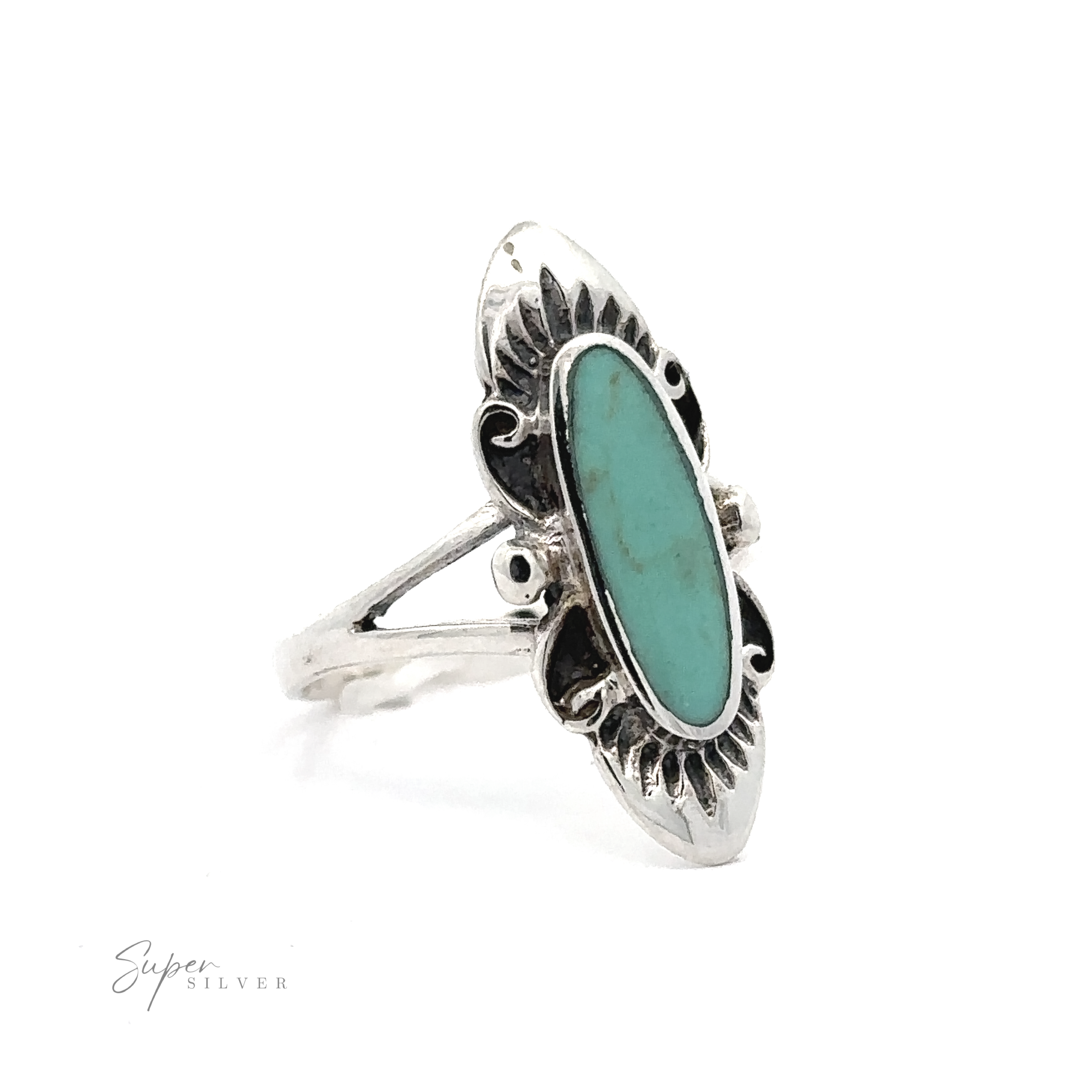 A fashionable Southwest Inspired Elongated Oval ring with an antique look, featuring a turquoise stone.