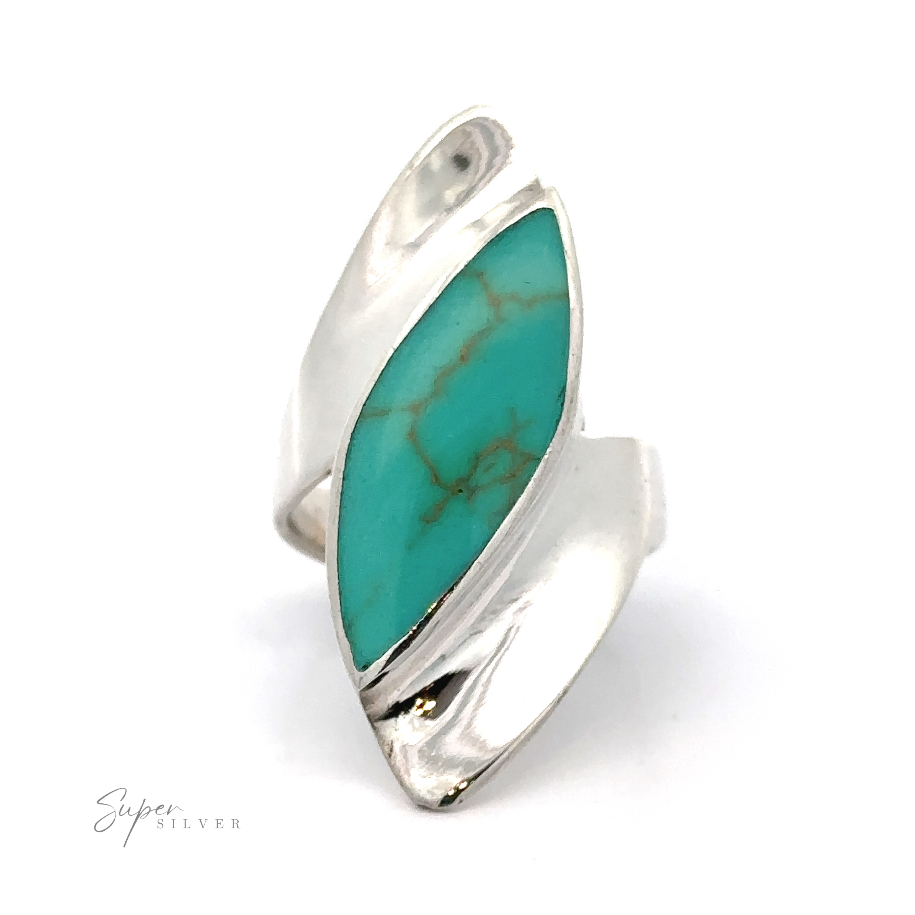 A Modern Marquise Shaped Inlaid Stone ring with a turquoise stone.
