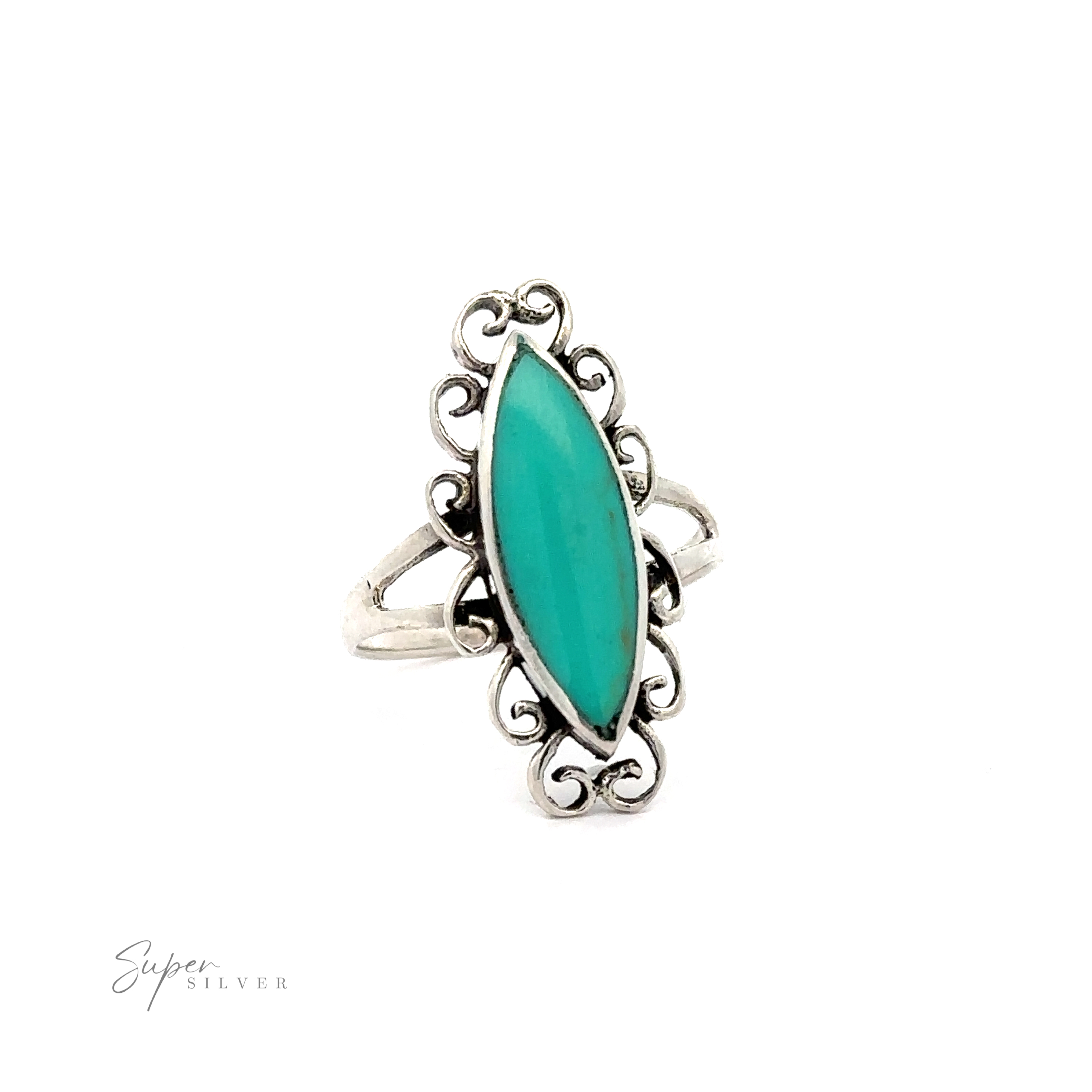 A Elegant Inlay Stone Marquise Ring With Swirls with a turquoise marquise inlay stone.