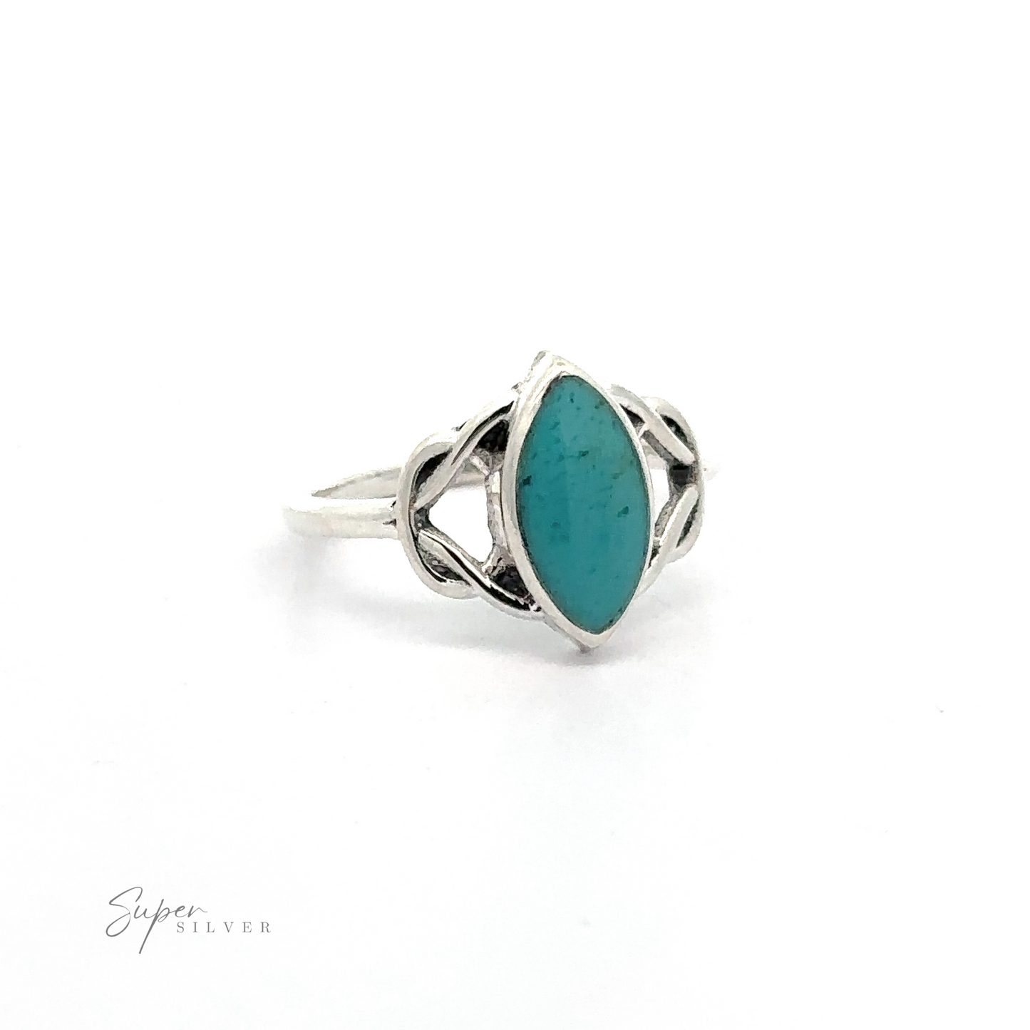 
                  
                    A Celtic Knot Marquise Inlaid Stone Ring inlaid with a turquoise stone.
                  
                