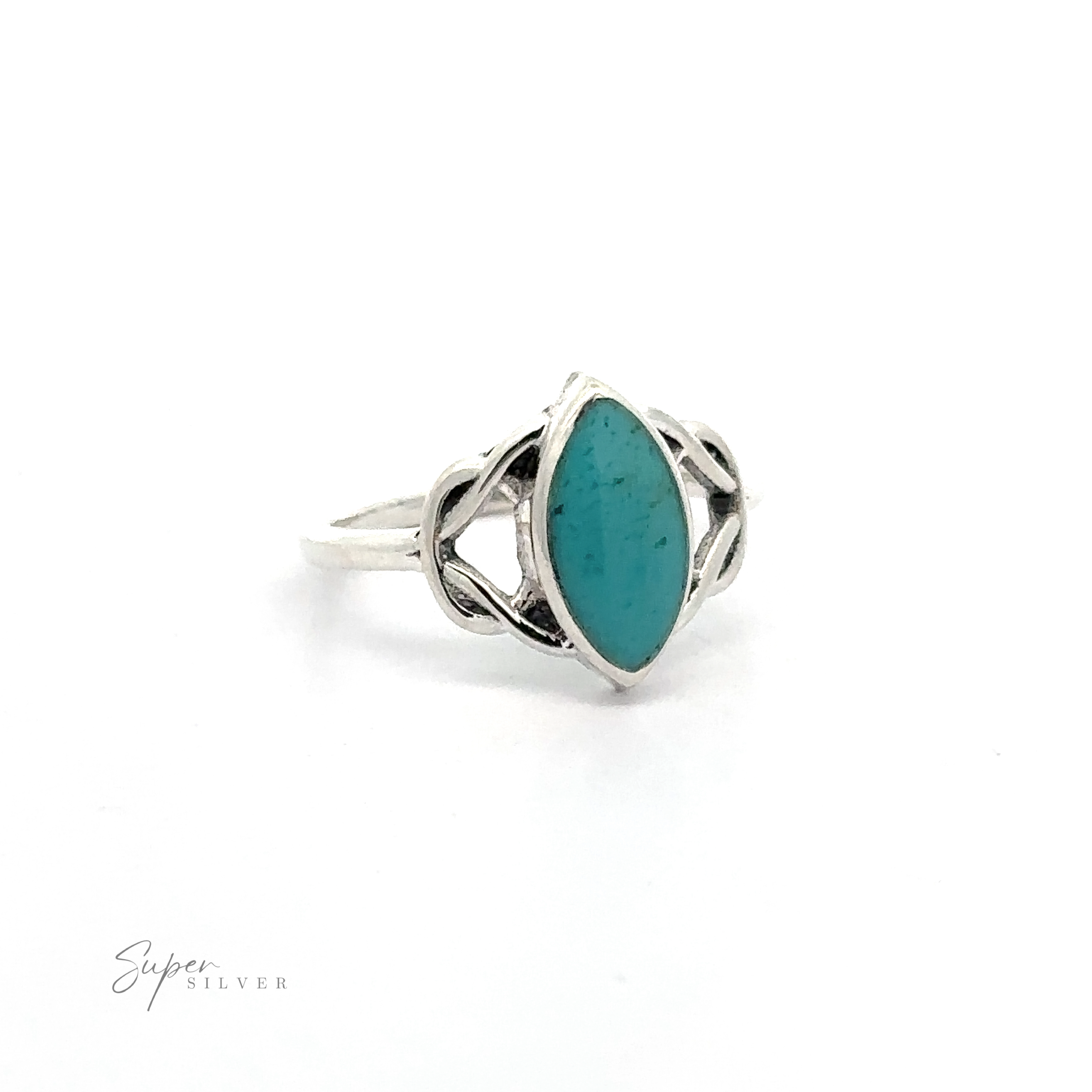 A Celtic Knot Marquise Inlaid Stone Ring inlaid with a turquoise stone.