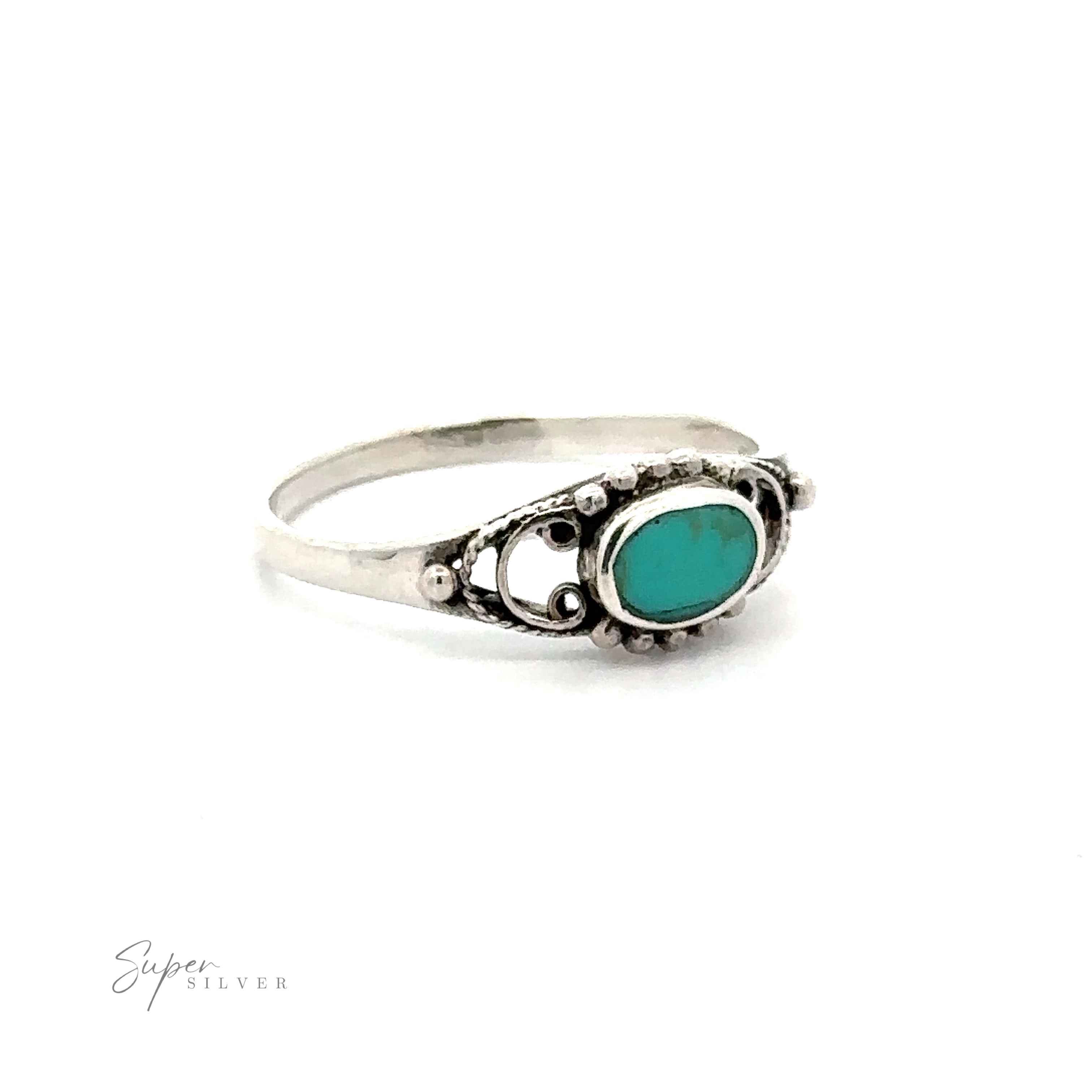 An Oval Stone Ring With Delicate Border made of sterling silver and with an oval turquoise stone.