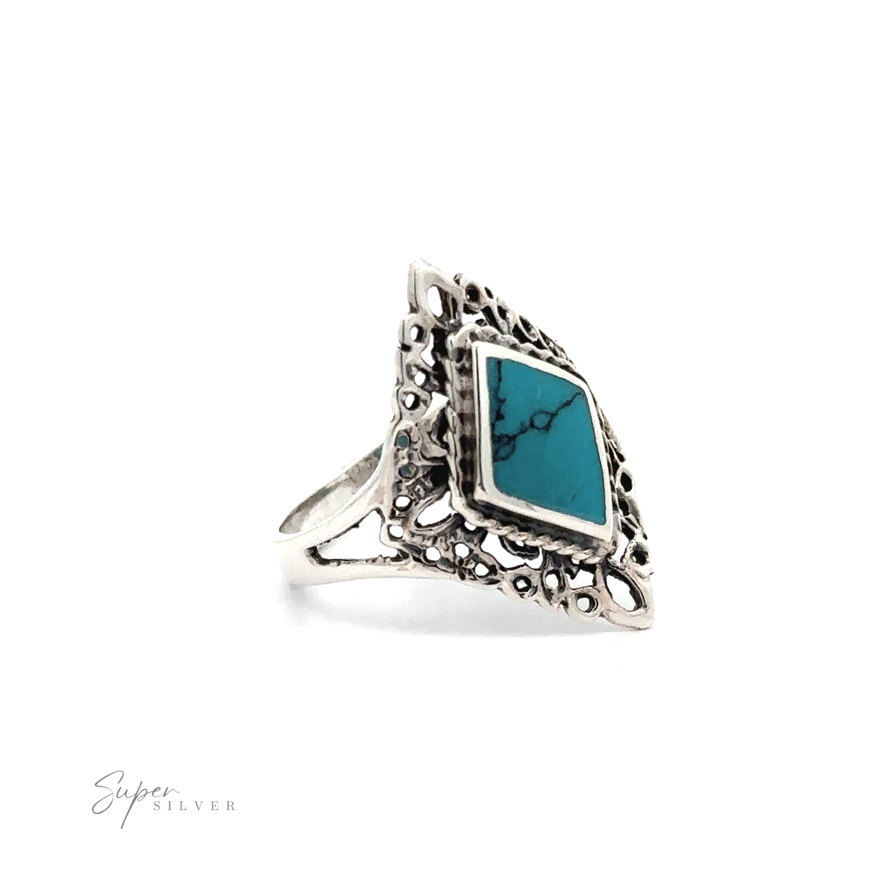 A Diamond Shaped Filigree Ring with Inlaid Stones with turquoise embellishments.