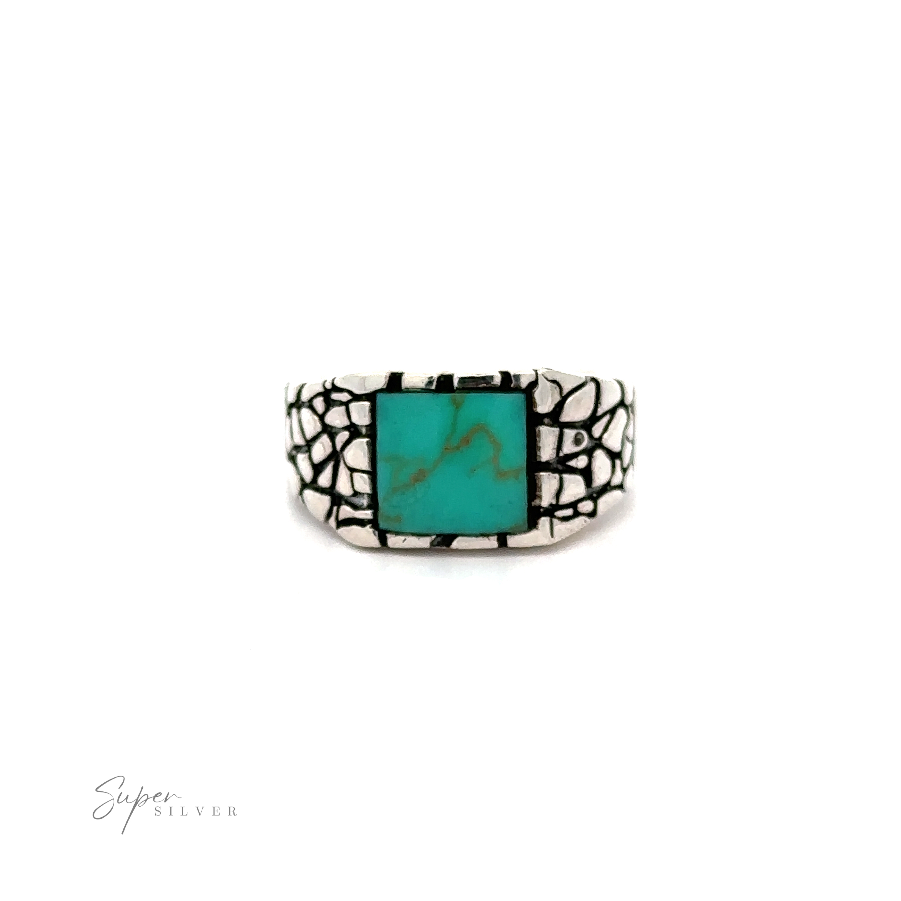 A stone signet ring with a dragon scale pattern and an inlaid turquoise stone.