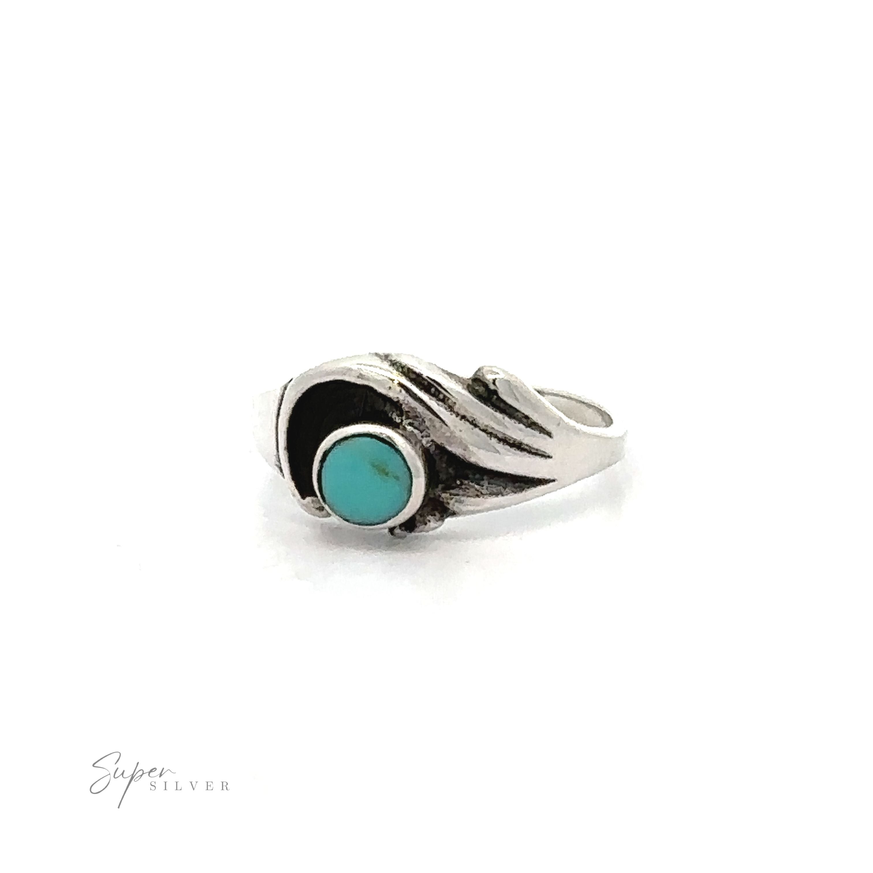 A sterling silver ring with a Turquoise Inlay Ring with Swirling Detail.