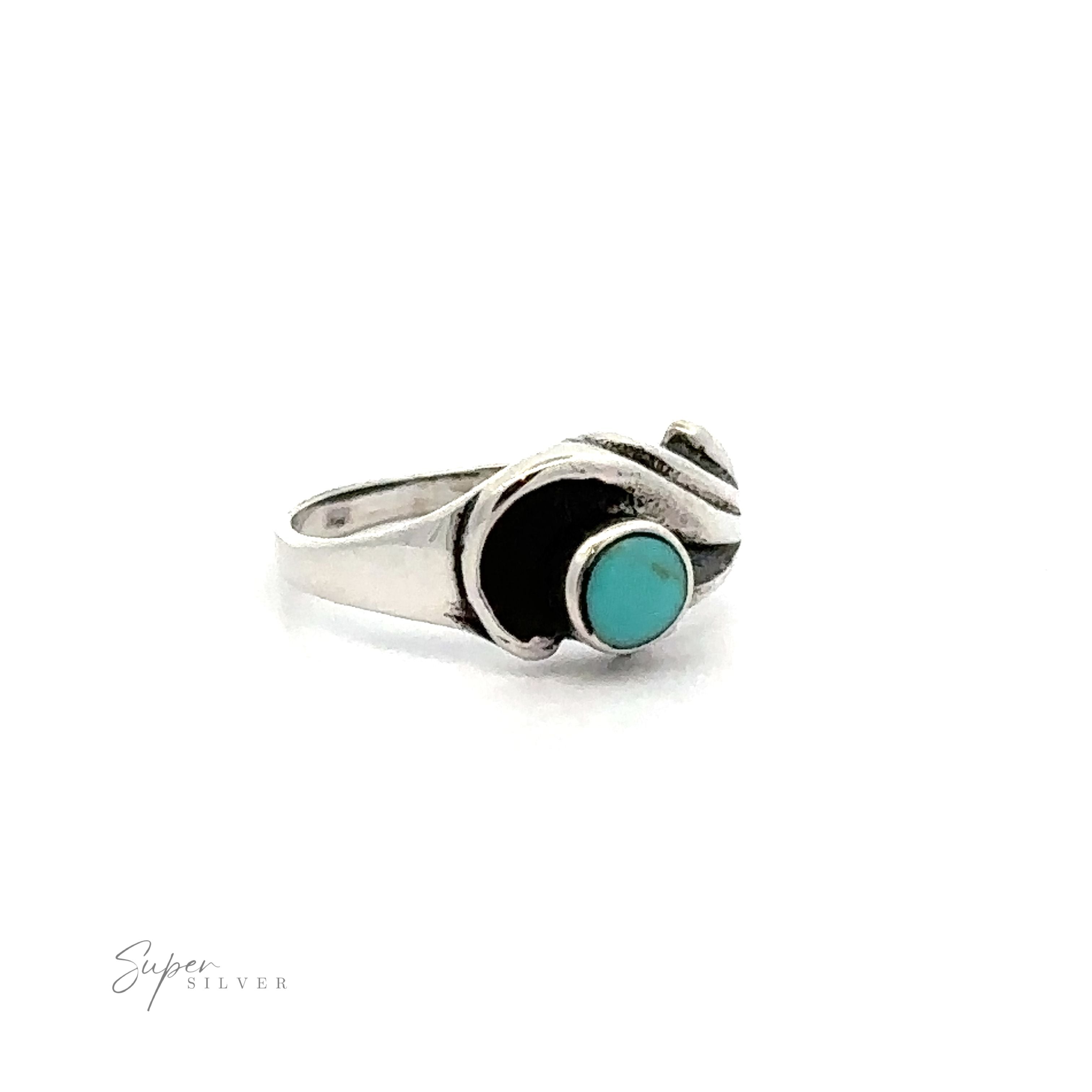 A sterling silver Turquoise Inlay Ring with Swirling Detail.
