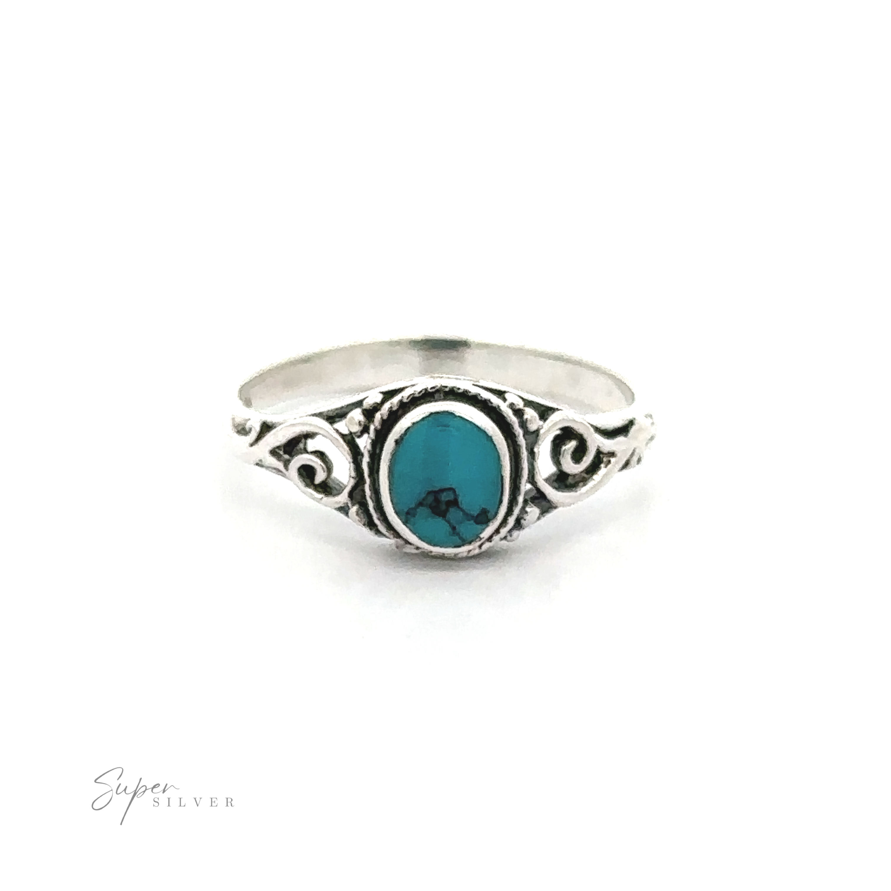 A sterling silver ring with an Oval Inlay Stone Ring with Swirls in turquoise.