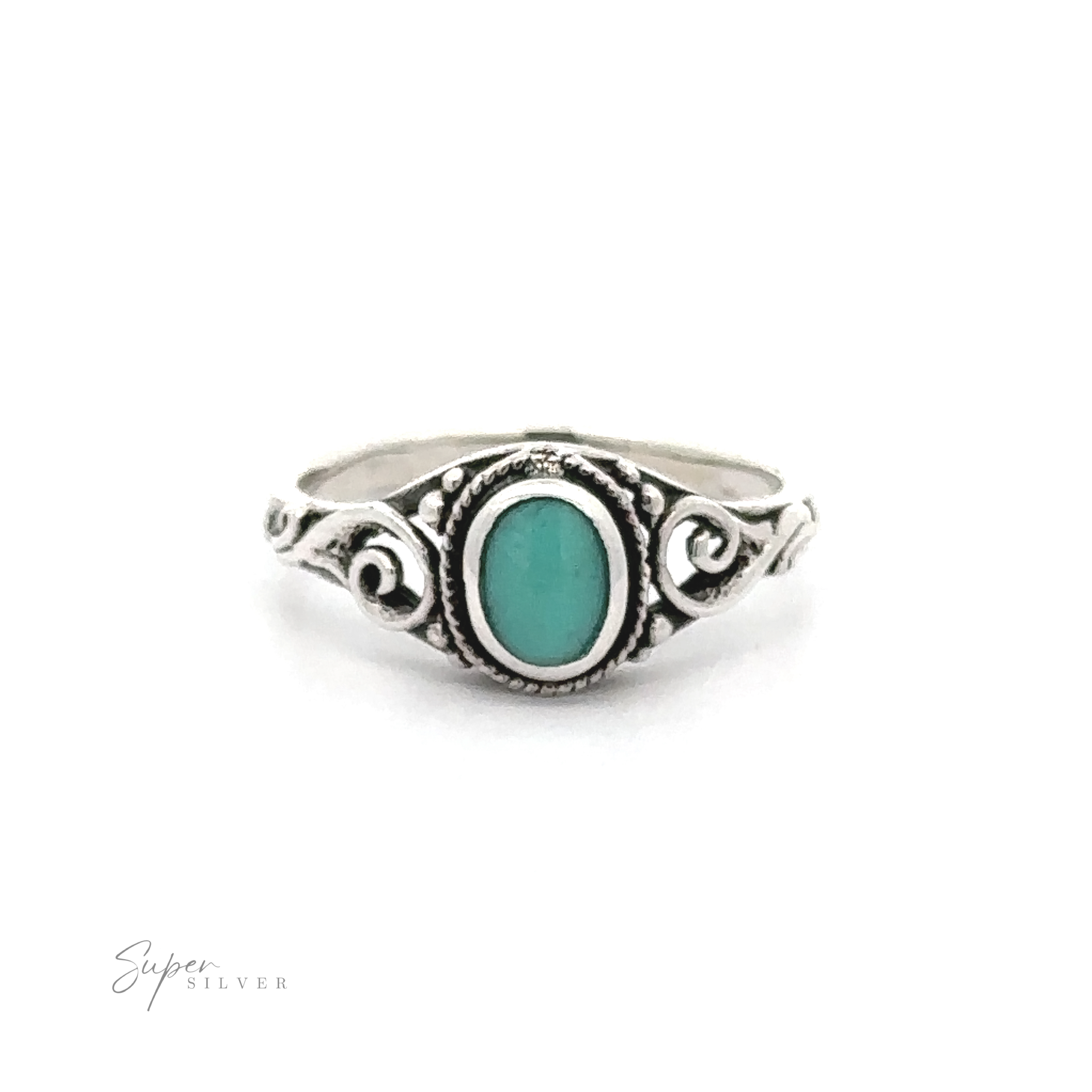A sterling silver ring with an Oval Inlay Stone Ring with Swirls.