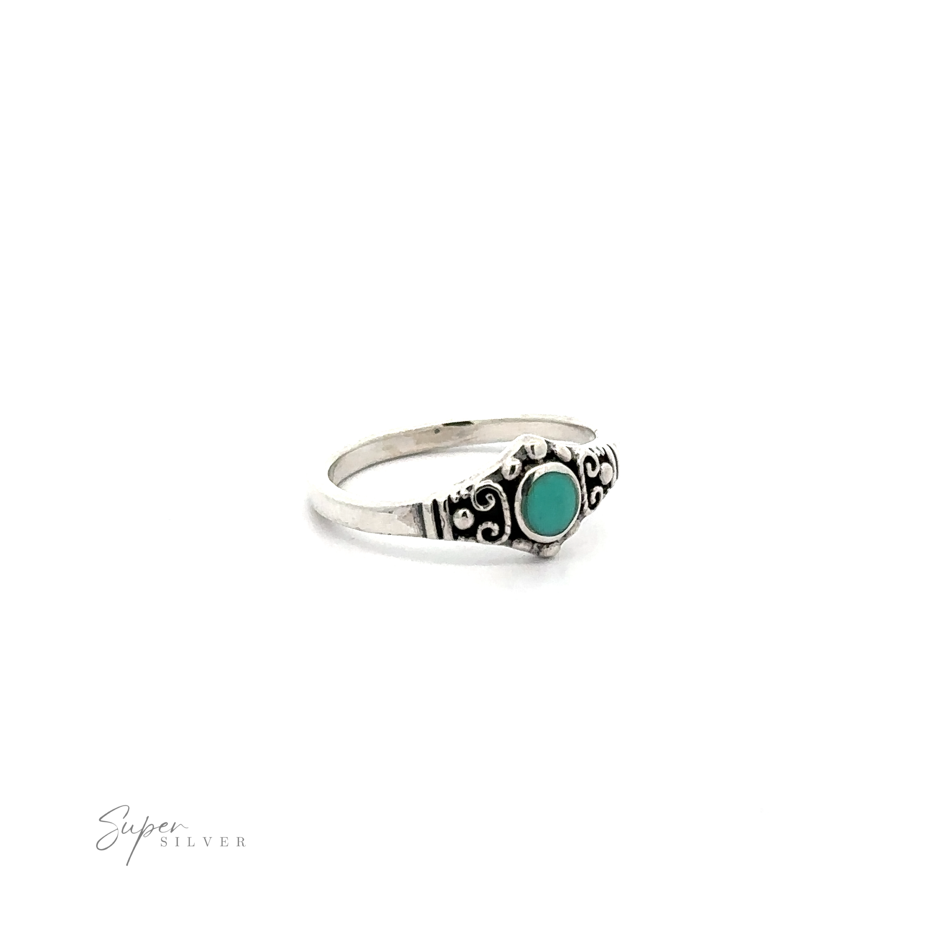 A vintage charm Dainty Inlaid Stone Ring With Silver Beads and Swirls made of .925 Sterling Silver.