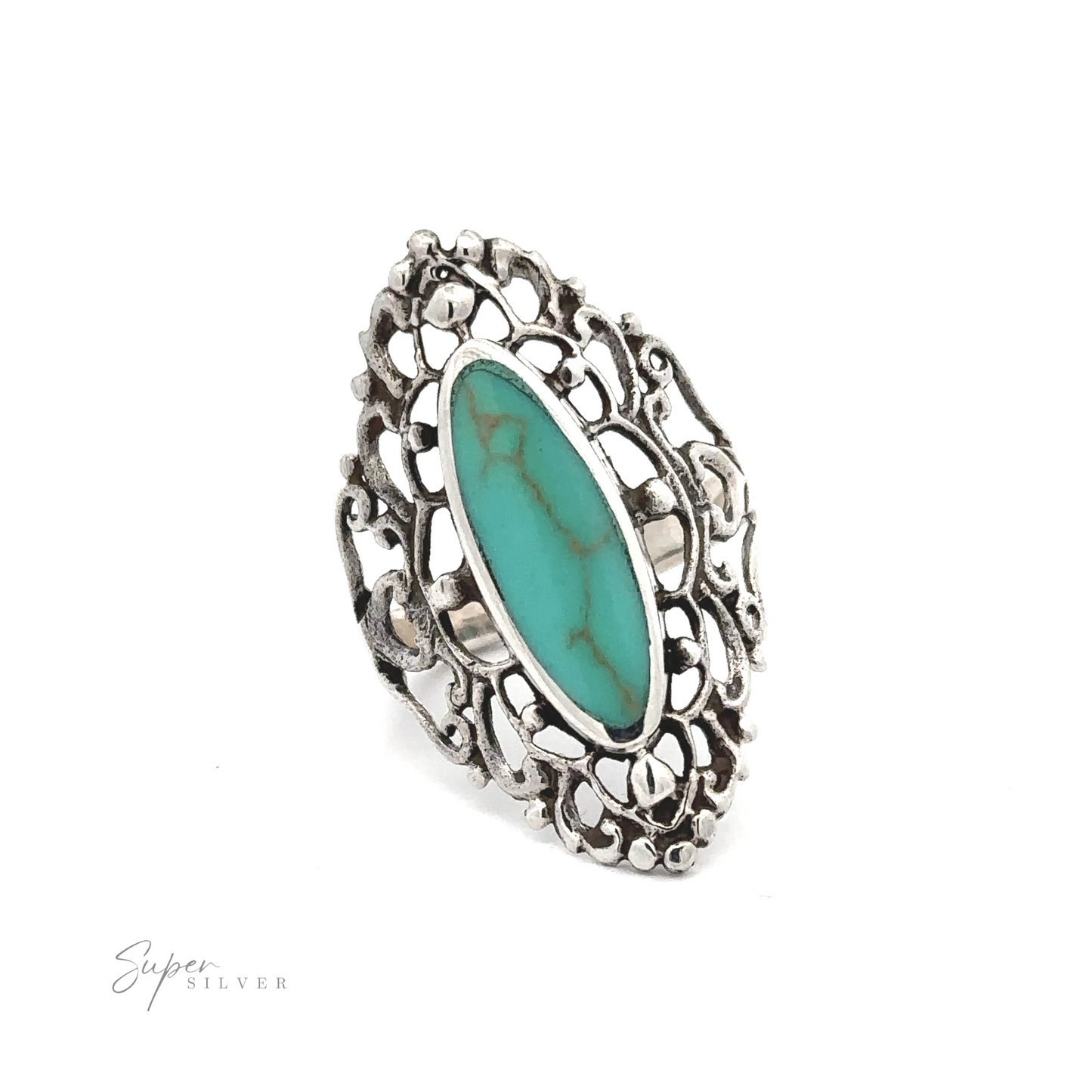 
                  
                    A Filigree Shield Ring with Inlaid Stones ring with an inlaid turquoise stone.
                  
                