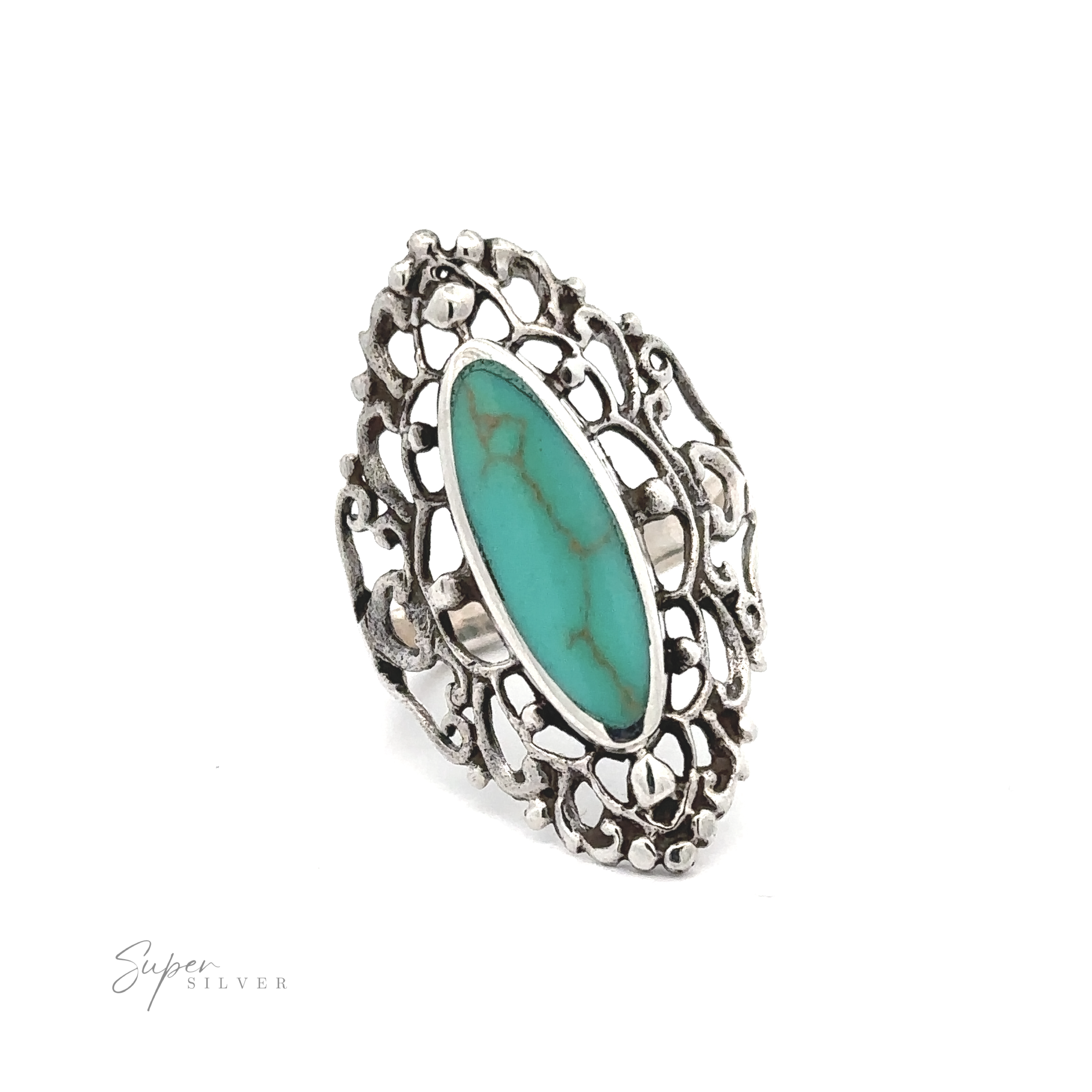 A Filigree Shield Ring with Inlaid Stones ring with an inlaid turquoise stone.
