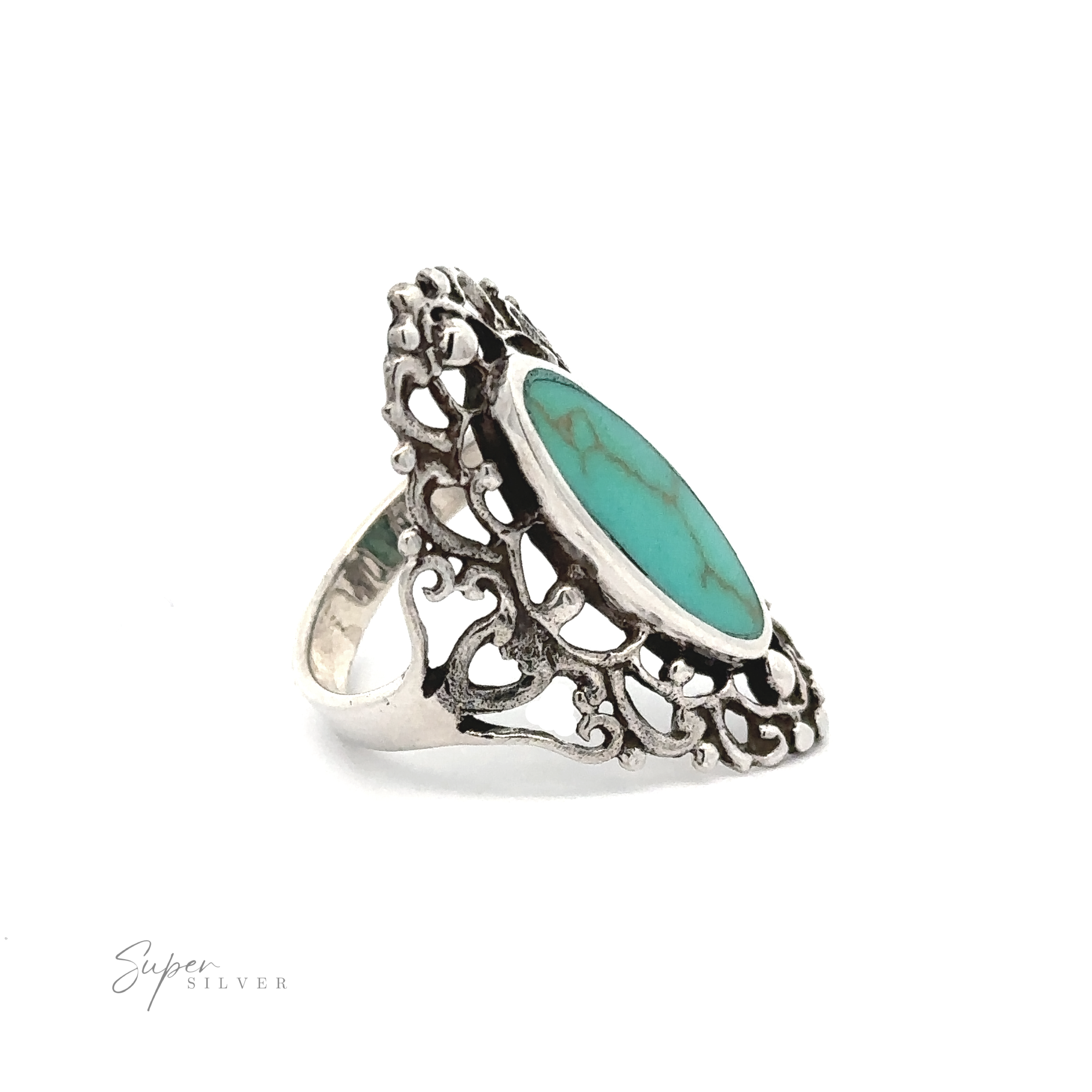 A Filigree Shield Ring with Inlaid Stones with a turquoise inlaid stone.
