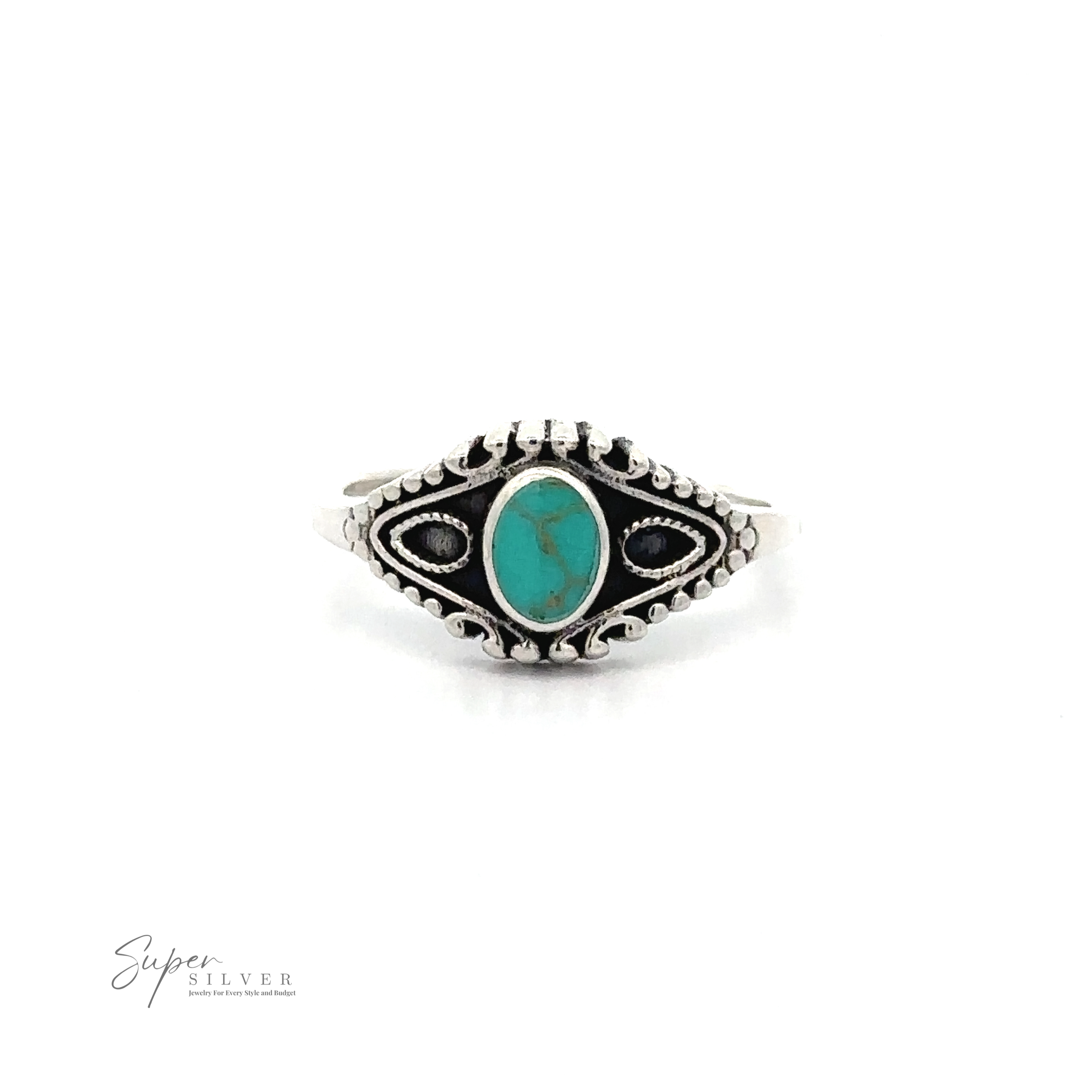 A Vintage Style Ring With Inlaid Oval Stone, handcrafted from .925 Sterling Silver, featuring a stunning turquoise stone centerpiece surrounded by intricate detailing. The inlaid stones emphasize its elegant design, displayed beautifully on a plain white background.