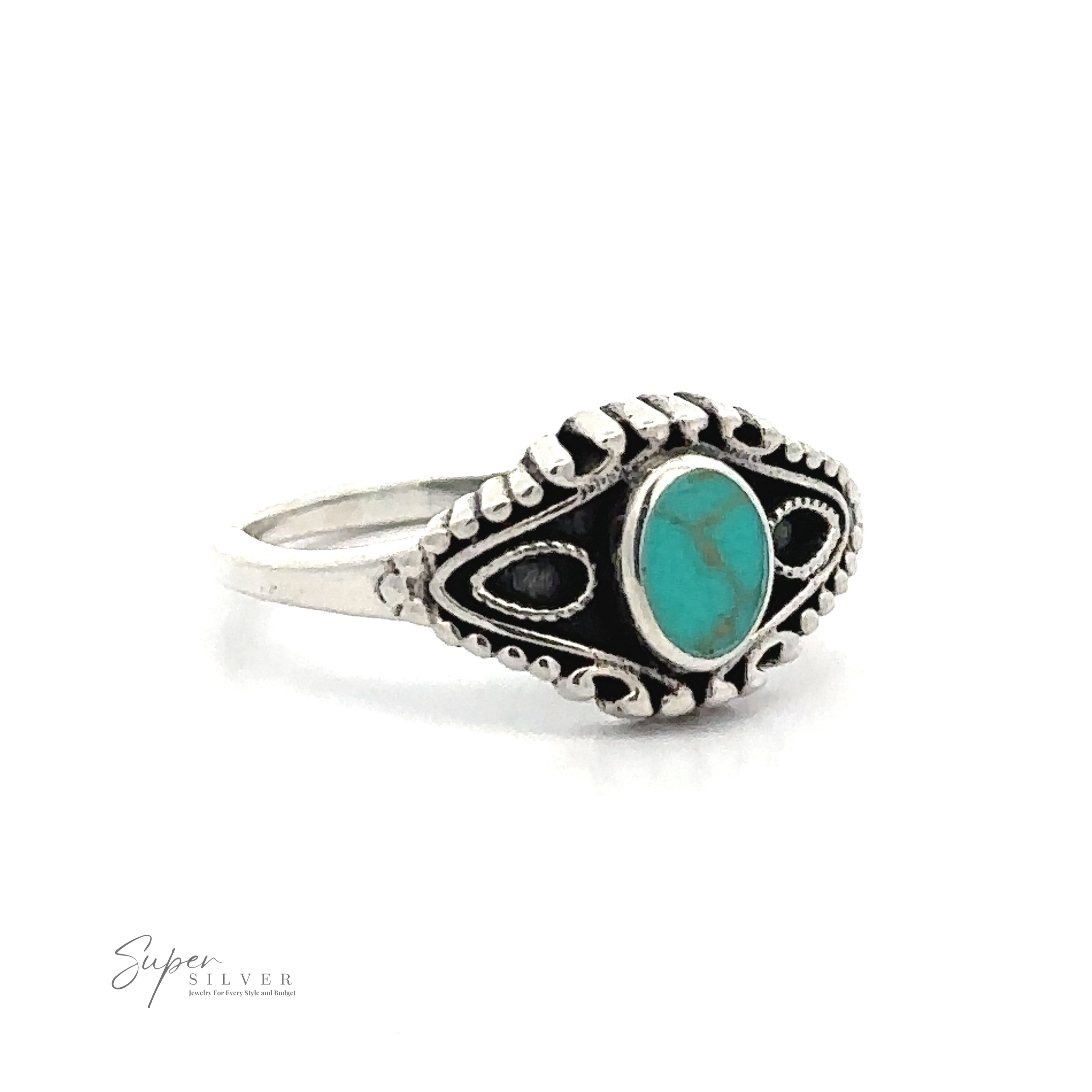 Vintage Style Ring With Inlaid Oval Stone, featuring a turquoise stone set in .925 Sterling Silver, displayed against a plain white background.
