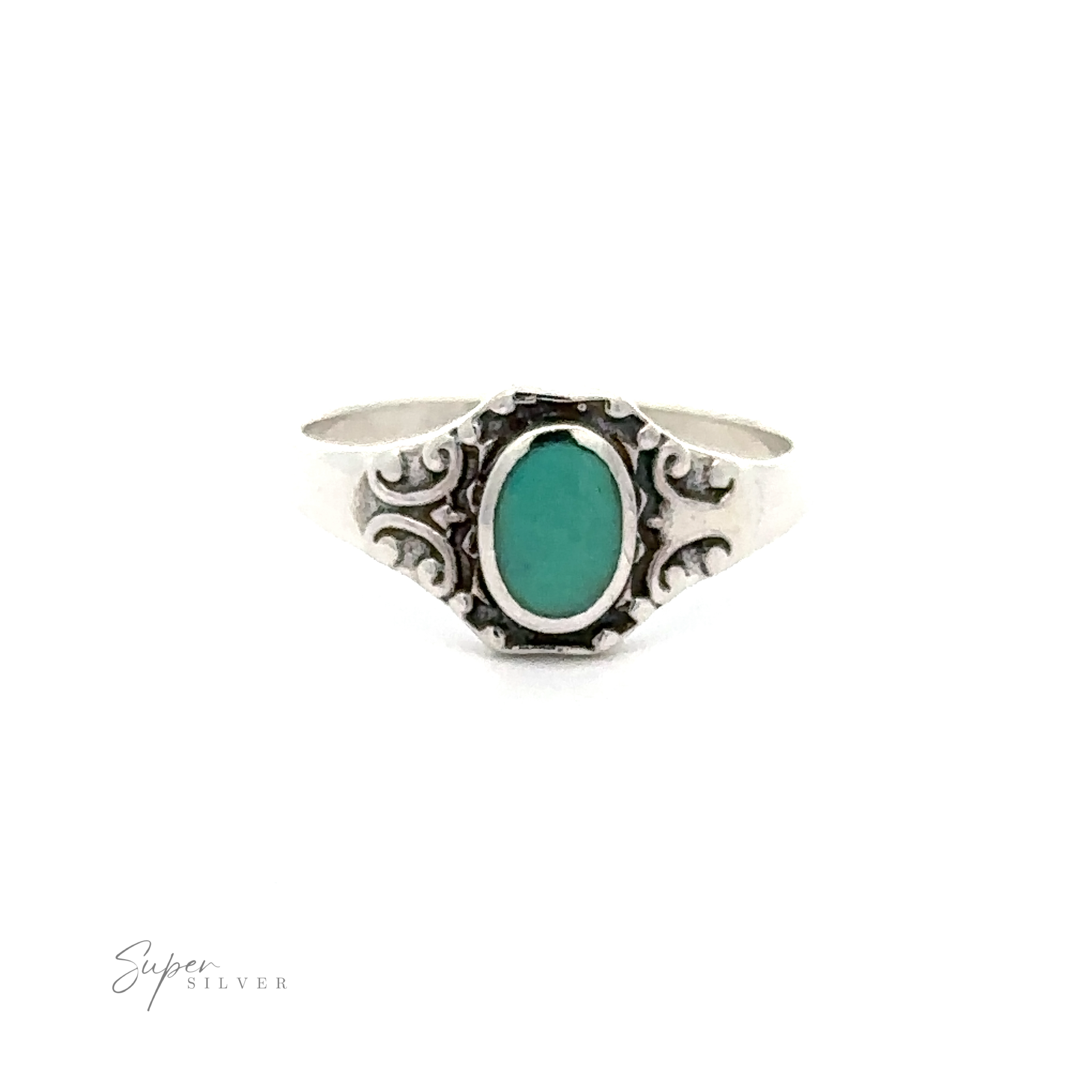 An Oval Inlay Stone Ring with Antiqued Filigree Design made of .925 Sterling Silver.