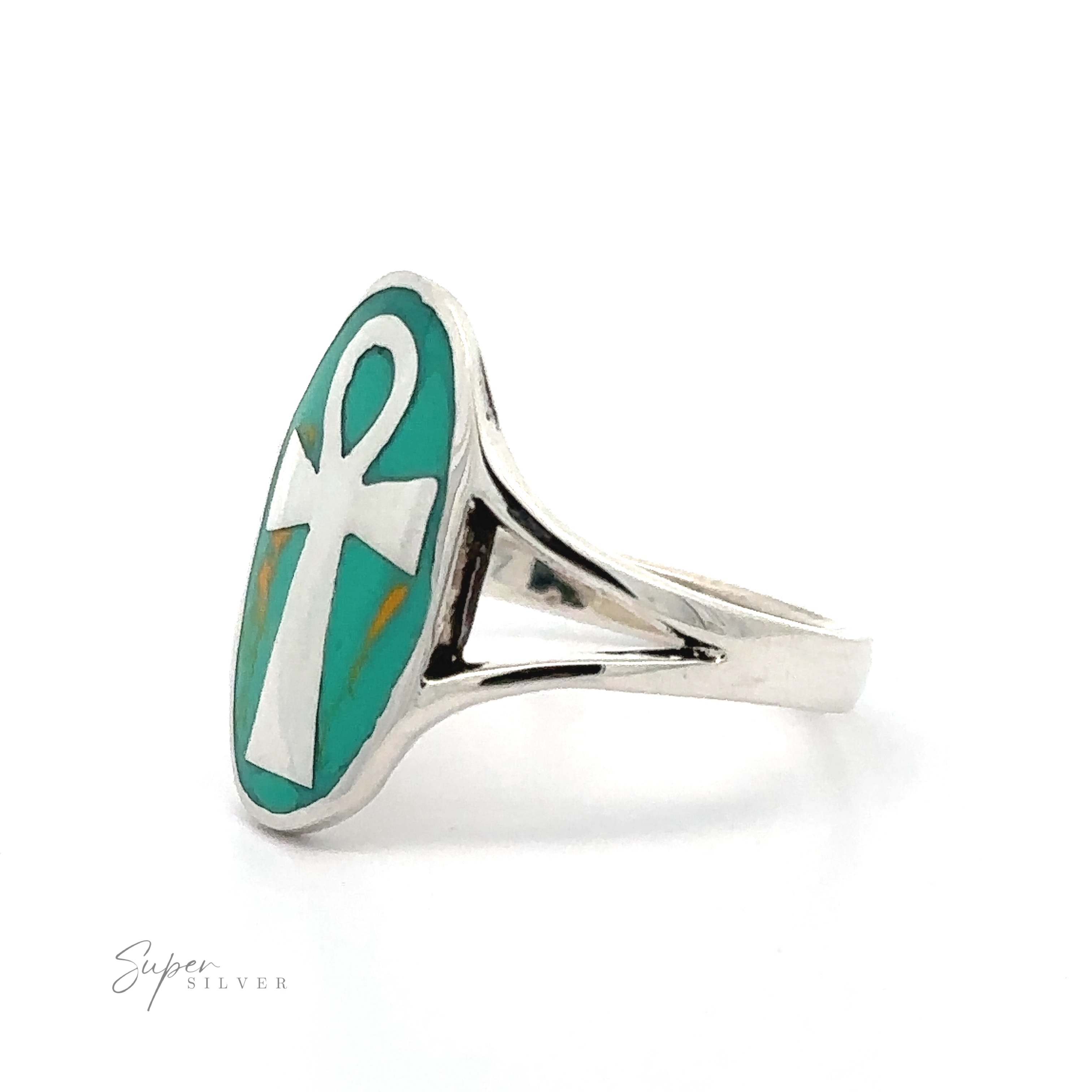 Sterling silver Ankh Ring with Stone with hieroglyph design.