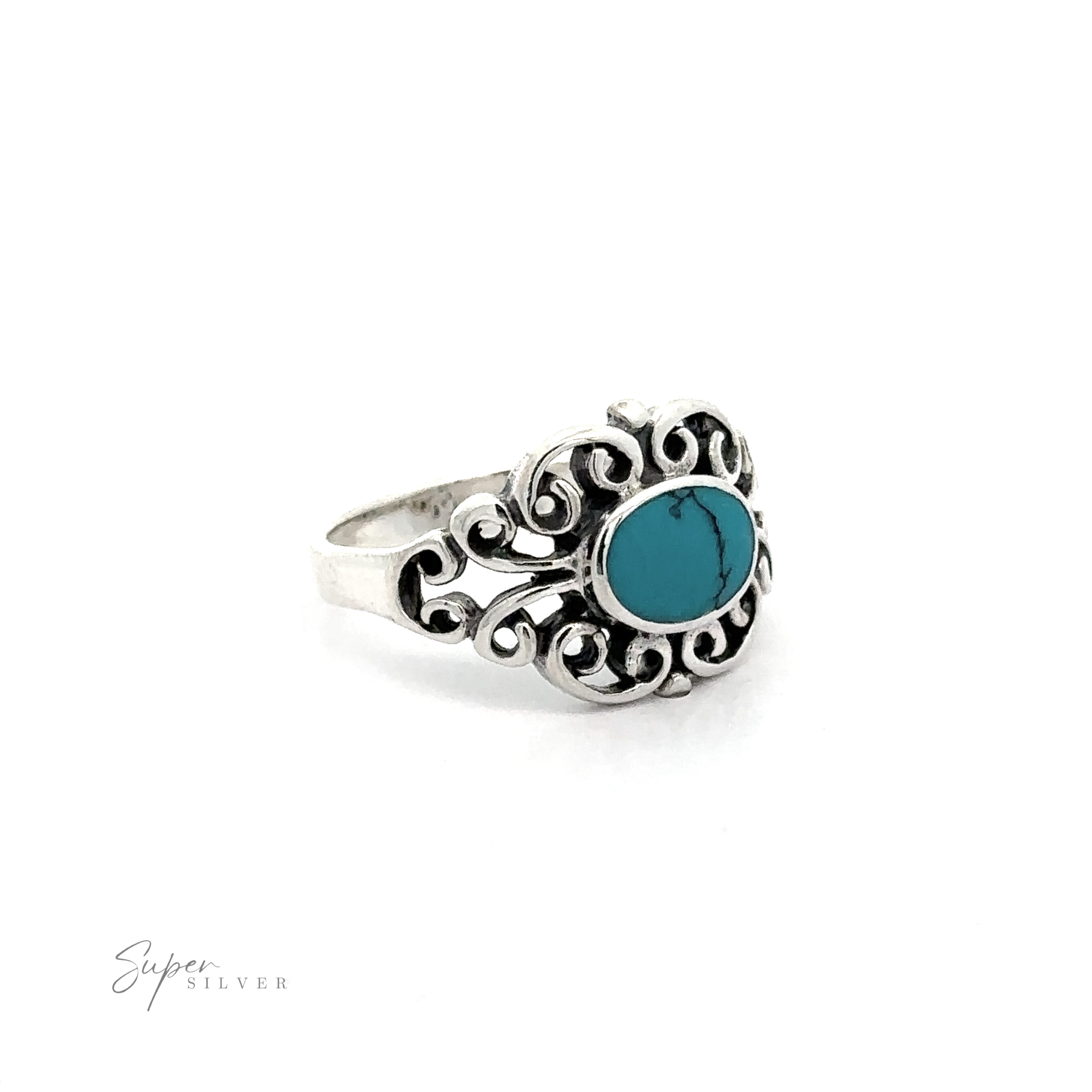 A Victorian Filigree Inlay Stone Ring with a turquoise stone.